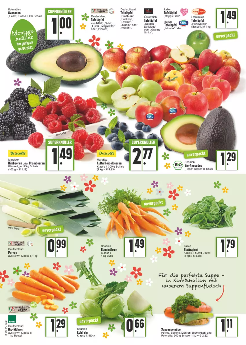 Aktueller Prospekt E Center - Angebote der Woche - von 04.04 bis 09.04.2022 - strona 2 - produkty: avocado, avocados, beere, beeren, beutel, bio, blattspinat, blume, blumen, blumenkohl, brombeere, brombeeren, Bundmöhren, eis, elle, fleisch, heidelbeere, heidelbeeren, himbeer, himbeere, himbeeren, kohlrabi, möhren, petersilie, Schal, Schale, spinat, suppe, suppen, suppenfleisch, tafeläpfel, Ti, wein