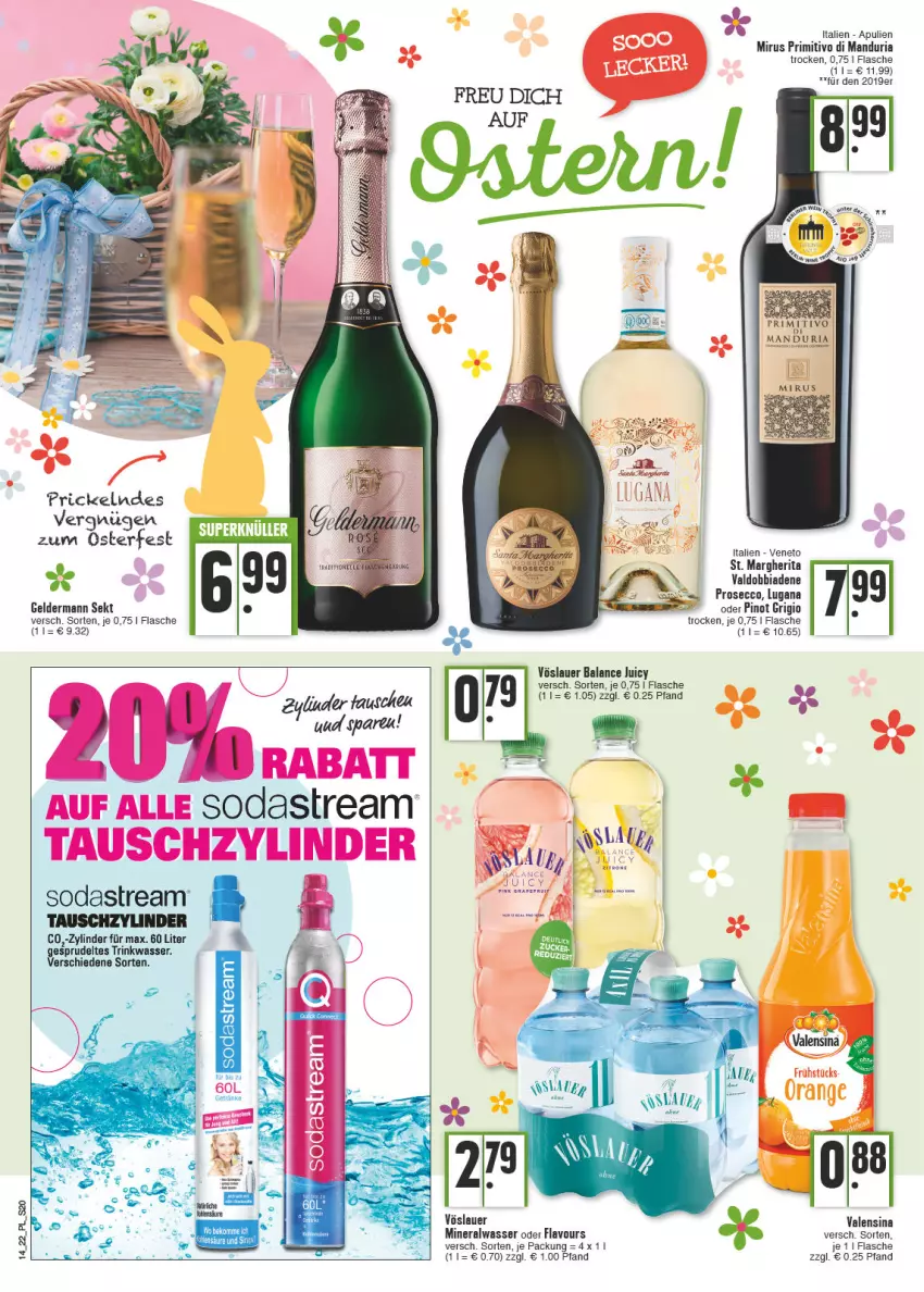 Aktueller Prospekt E Center - Angebote der Woche - von 04.04 bis 09.04.2022 - strona 20 - produkty: Alwa, auer, ecco, flasche, geldermann, Heu, margherita, mineralwasser, Pinot, pinot grigio, primitivo, prosecco, Ria, sekt, Soda, sodastream, Sprudel, Ti, valdo, valensina, vöslauer, wasser