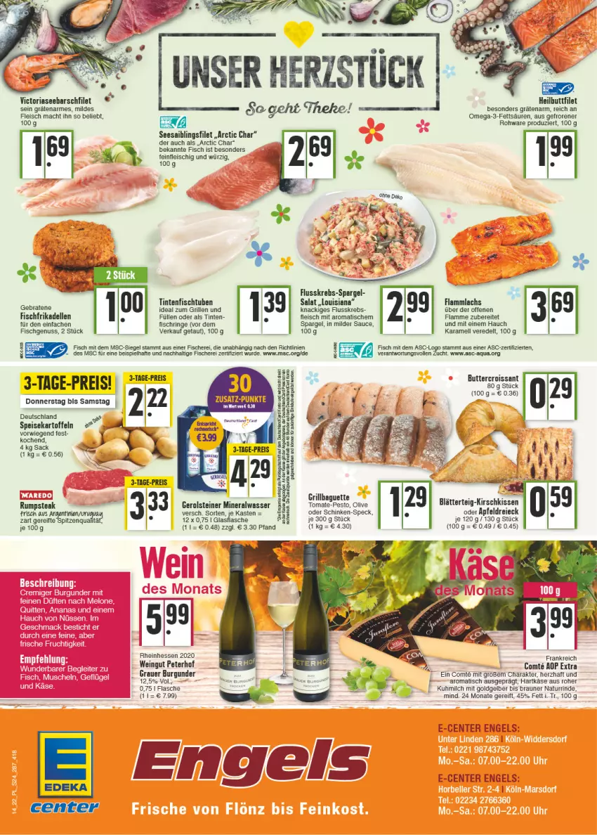 Aktueller Prospekt E Center - Angebote der Woche - von 04.04 bis 09.04.2022 - strona 24 - produkty: Alwa, apfel, aqua, auer, baguette, blätterteig, braten, braun, burgunder, butter, Croissant, dell, eis, elle, Engel, ente, filet, fisch, fische, Fischer, flasche, fleisch, frikadellen, gerolsteine, gerolsteiner, glasflasche, grauer burgunder, grill, hartkäse, Heilbuttfilet, ideal zum grillen, karamell, kartoffel, kartoffeln, Käse, kirsch, kissen, Krebs, lachs, lamm, mac, milch, mineralwasser, natur, nuss, olive, omega, Omega-3, pesto, reis, Ria, rind, ring, rum, rumpsteak, sac, Saibling, salat, sauce, Schere, schinken, Seesaiblingsfilet, spargel, Speck, speisekartoffeln, spitzenqualität, steak, steiner, Ti, tisch, tomate, wasser, wein