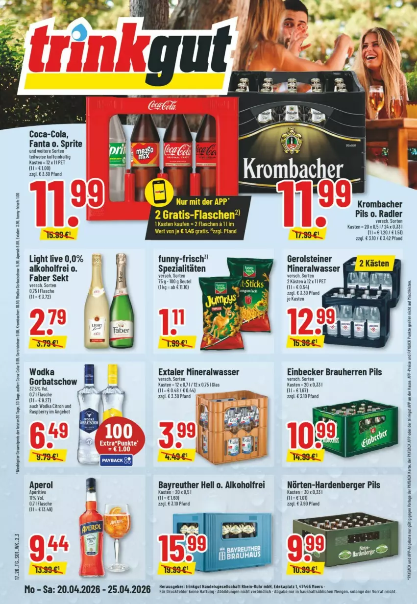 Aktueller Prospekt Trinkgut - Prospekte - von 19.04 bis 25.04.2026 - strona 1 - produkty: alkohol, Alwa, angebot, angebote, aperol, Berger, beutel, coca-cola, cola, deka, eis, Extaler, fanta, flasche, funny-frisch, gerolsteine, gerolsteiner, krombache, krombacher, krombacher pils, mineralwasser, payback, pils, radler, raspberry, reifen, reis, sekt, Spezi, sprite, steiner, Ti, uhr, wasser, wodka