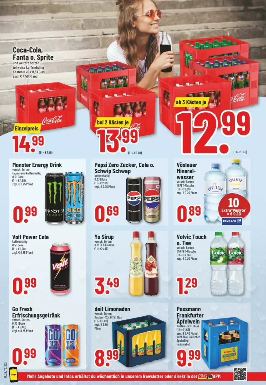 Aktueller Prospekt Trinkgut - Prospekte - von 19.04 bis 25.04.2026 - strona 2 - produkty: angebot, apfel, apfelwein, auer, coca-cola, cola, deit, drink, eier, eis, energy drink, erfrischungsgetränk, fanta, flasche, frankfurter, Frankfurter Apfelwein, getränk, limo, limonade, limonaden, monster, Monster Energy, pepsi, pet-flasche, Schwip Schwap, sirup, sprite, tee, Ti, volvic, vöslauer, wasser, wein, Yo, zucker