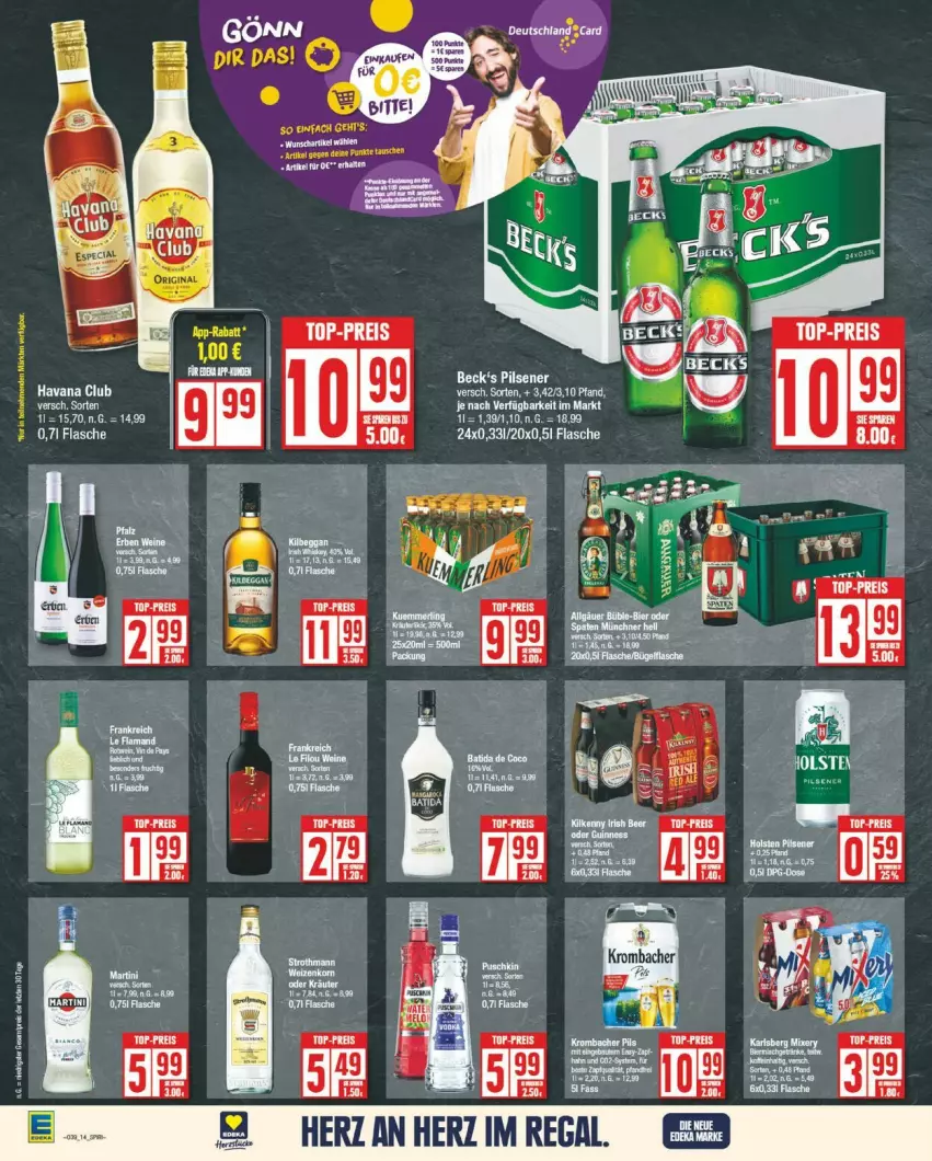 Aktueller Prospekt Edeka - Prospekte - von 23.09 bis 28.09.2024 - strona 14 - produkty: batida, beck's, eis, flasche, Havana Club, holsten, leine, LG, pils, pilsener, reis, Ti, top-preis, wein, weine