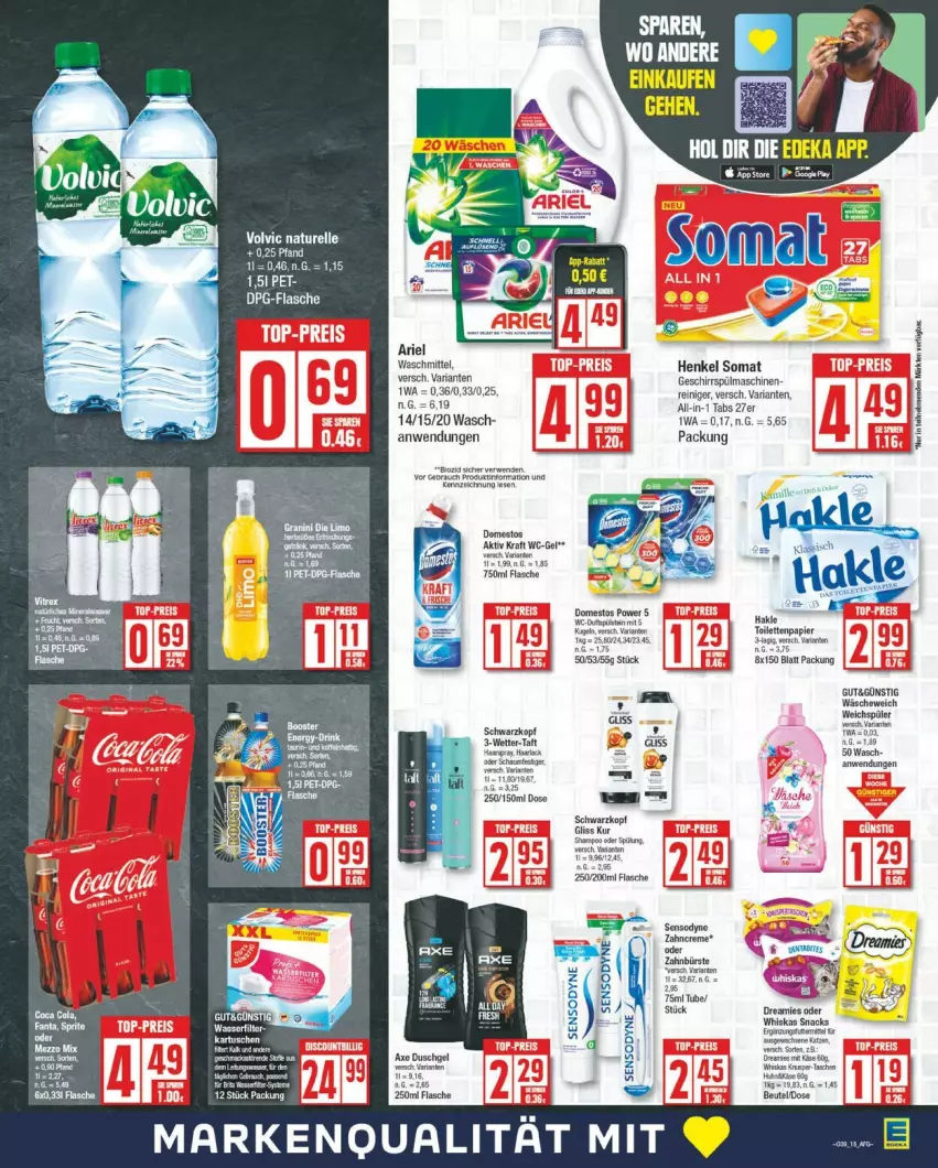 Aktueller Prospekt Edeka - Prospekte - von 23.09 bis 28.09.2024 - strona 15 - produkty: ariel, bürste, domestos, dreamies, eis, elle, flasche, geschirr, hakle, henkel, kraft, natur, papier, Rauch, reiniger, rel, Ria, rwe, sensodyne, snack, snacks, somat, spülmaschinen, Ti, volvic, waschmittel, whiskas, zahnbürste