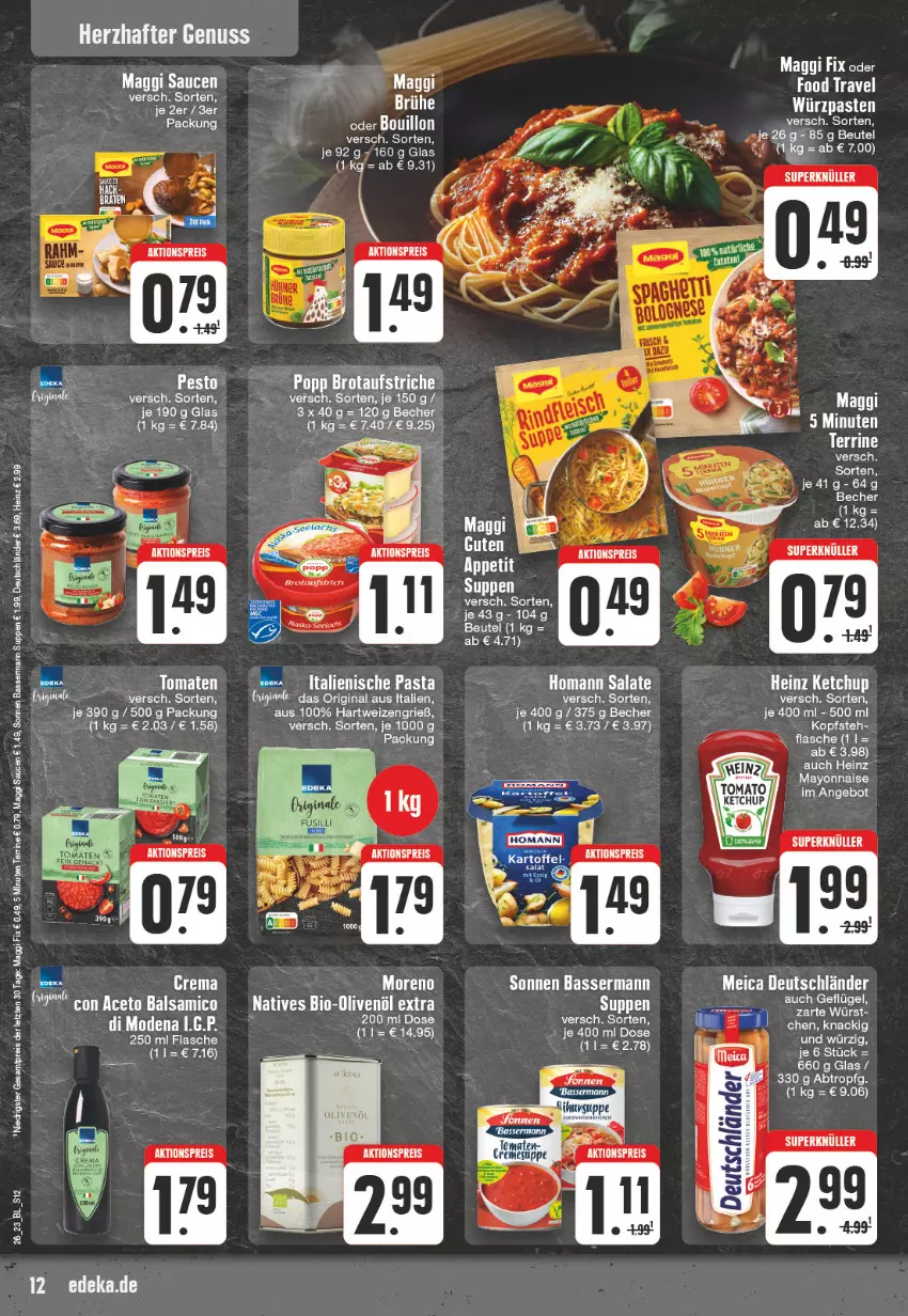 Aktueller Prospekt Edeka - Angebote der Woche - von 26.06 bis 01.07.2023 - strona 12 - produkty: aceto, aceto balsamico, aktionspreis, angebot, aufstrich, balsam, balsamico, Becher, beutel, bio, brot, brotaufstrich, brotaufstriche, Brühe, eis, Ergee, flasche, gin, hartweizen, heinz, homann, italienische pasta, mac, maggi, maggi fix, mayonnaise, meica, Mode, Moreno, nuss, pasta, pesto, Popp, reis, rel, salat, salate, sauce, saucen, suppe, suppen, tee, terrine, Ti, tomate, tomaten, Yo, ZTE