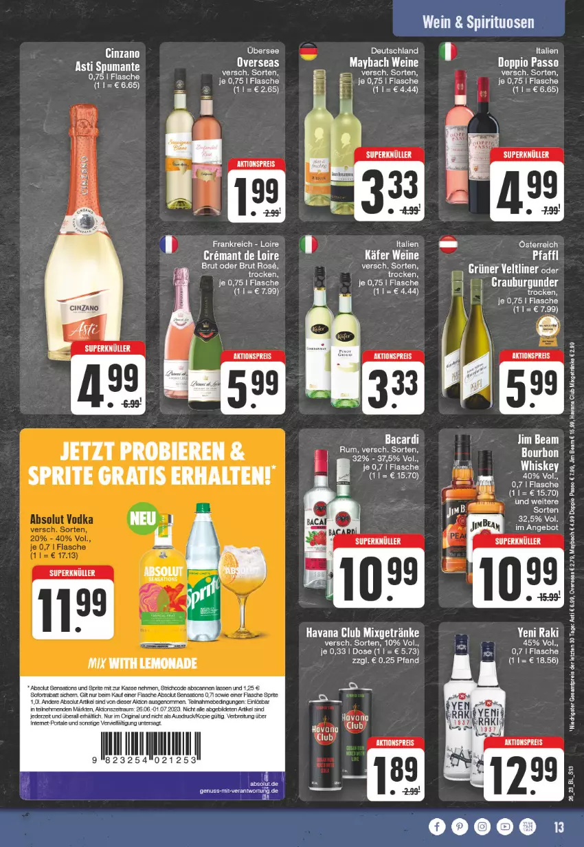 Aktueller Prospekt Edeka - Angebote der Woche - von 26.06 bis 01.07.2023 - strona 13 - produkty: aktionspreis, angebot, asti, bier, Biere, bourbon, bourbon whiskey, Brei, brut, cin, cinzano, doppio passo, eis, flasche, getränk, getränke, gin, Havana Club, jim beam, lemonade, maybach, Mixgetränk, nuss, passo, puma, reis, rum, sensations, sofortrabatt, spirituosen, sprite, spumante, Ti, wein, weine, whiskey, yeni raki, ZTE