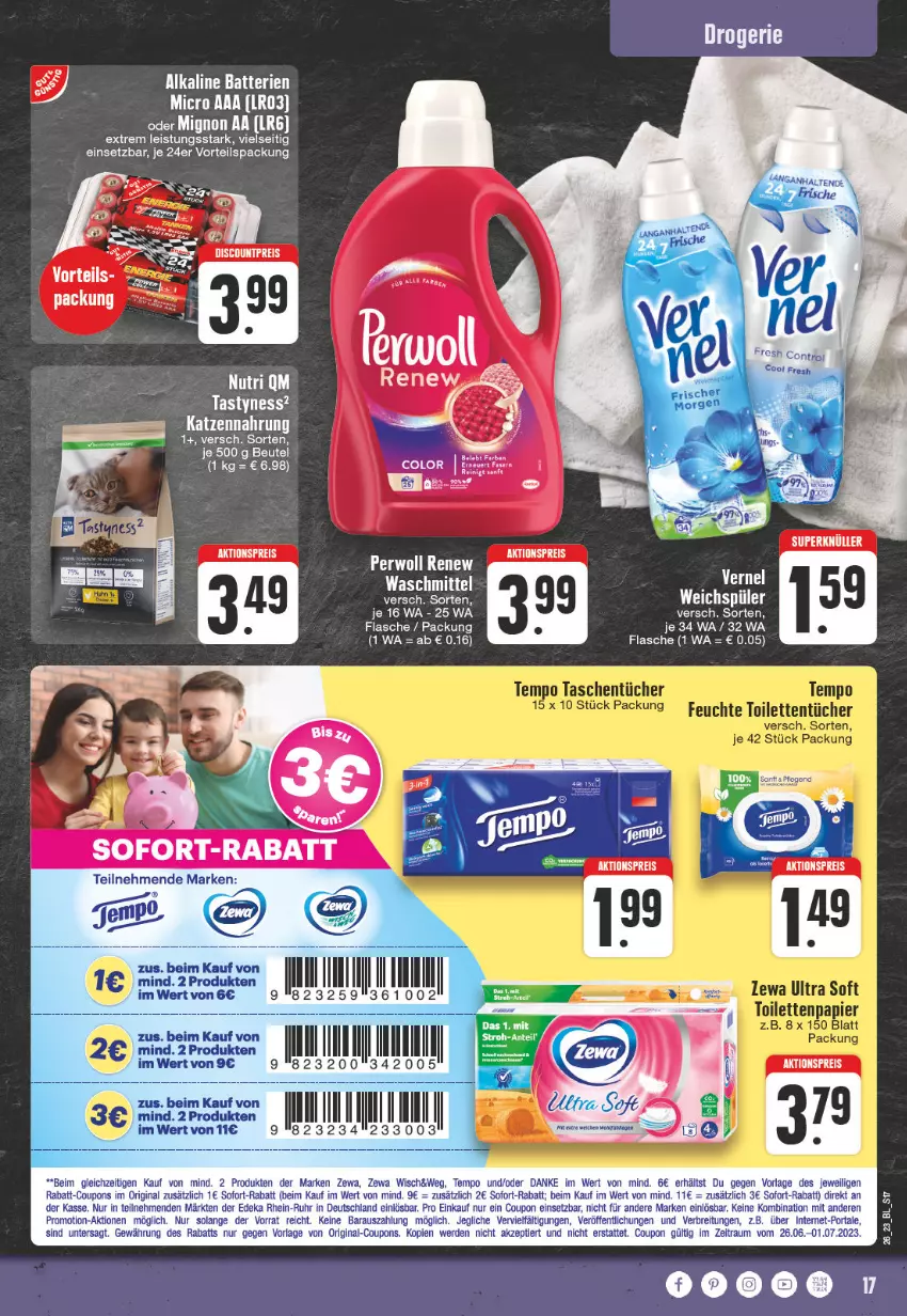 Aktueller Prospekt Edeka - Angebote der Woche - von 26.06 bis 01.07.2023 - strona 17 - produkty: aktionspreis, batterie, batterien, Brei, coupon, coupons, deka, discount, eis, elle, erde, flasche, gin, katzennahrung, perwoll, rabatt-coupon, reis, sofort-rabatt, Tempo, Ti, waschmittel, weichspüler, zewa