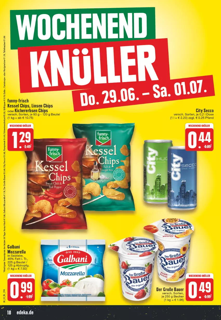 Aktueller Prospekt Edeka - Angebote der Woche - von 26.06 bis 01.07.2023 - strona 18 - produkty: auer, Bau, Bauer, Becher, beutel, chips, ecco, eis, erbsen, funny-frisch, galbani, grill, grillrippe, honig, honigmelone, kichererbsen, Kichererbsen Chips, linsen, melone, mozzarella, reis, rel, Rippen, rum, rumpsteak, salz, schnitzel, schwein, schweine, schweineschnitzel, steak, tafeltrauben, trauben, wein, weine, ZTE