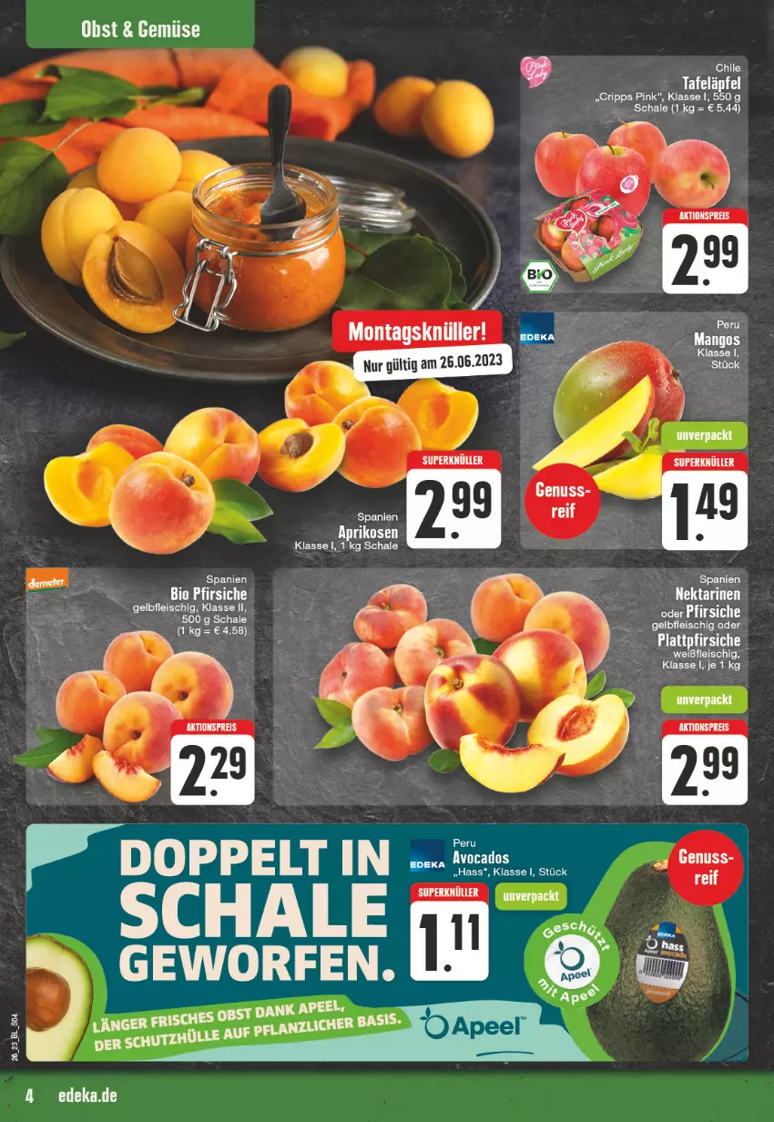 Aktueller Prospekt Edeka - Angebote der Woche - von 26.06 bis 01.07.2023 - strona 4 - produkty: aktionspreis, aprikose, aprikosen, eis, fleisch, Nektar, nektarinen, nuss, reis, Schal, Schale, tafeläpfel, Ti