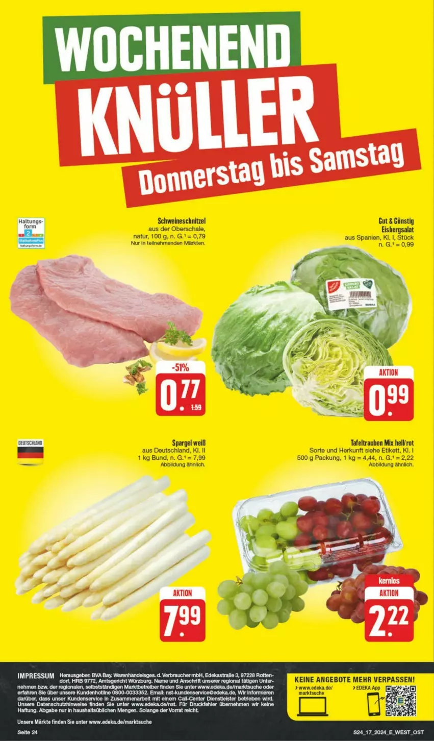 Aktueller Prospekt Edeka - Prospekte - von 20.04 bis 27.04.2024 - strona 24 - produkty: deka, eis, ente, natur, salat, Schal, Schale, schnitzel, schwein, schweine, schweineschnitzel, tafeltrauben, Ti, trauben, tuner, wein, weine, Wels