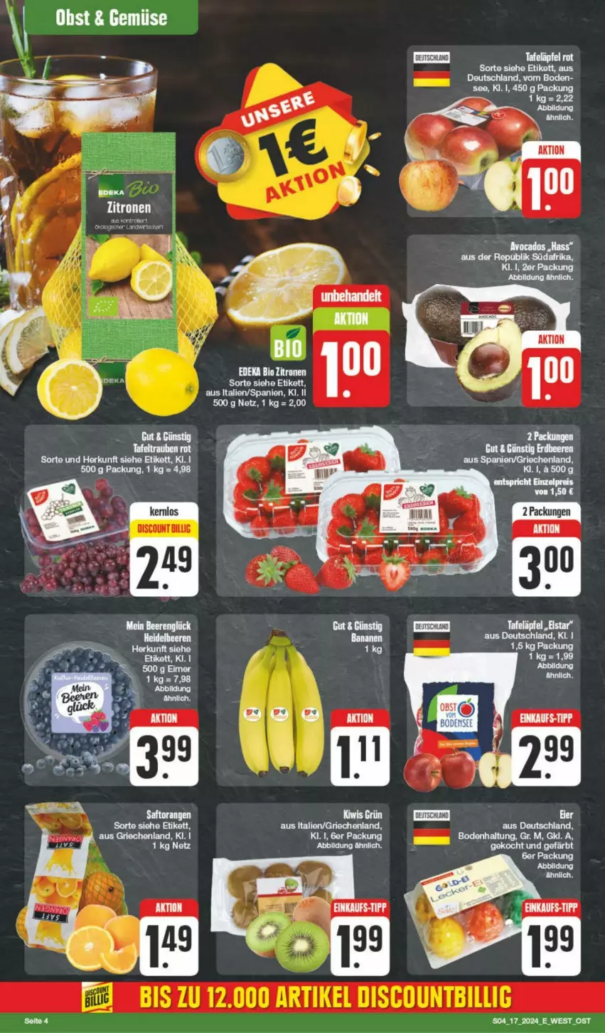 Aktueller Prospekt Edeka - Prospekte - von 20.04 bis 27.04.2024 - strona 4 - produkty: banane, bananen, beere, beeren, bio, deit, deka, edeka bio, erdbeere, erdbeeren, kiwi, LG, obst, rel, Ti, zitrone, zitronen