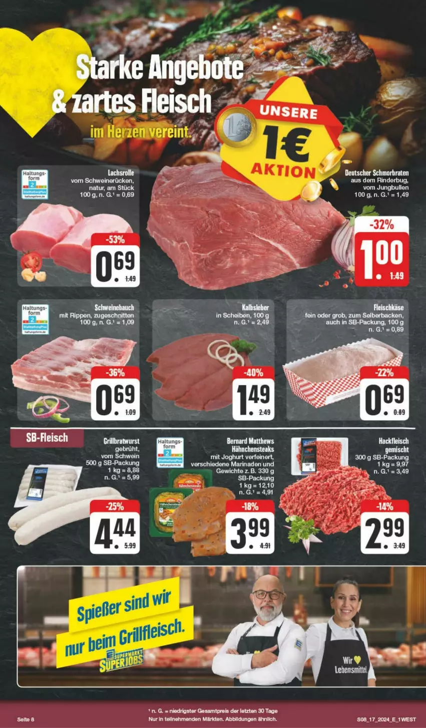 Aktueller Prospekt Edeka - Prospekte - von 20.04 bis 27.04.2024 - strona 8 - produkty: aeg, bratwurst, eier, eis, fleisch, grill, grillbratwurst, hackfleisch, Hähnchensteak, hähnchensteaks, HP, joghur, joghurt, jungbullen, lachs, Lachsrolle, marinade, natur, rind, rinder, Rippen, schnitten, schwein, schweine, schweinerücken, steak, steaks, tee, Ti, wein, weine, wurst