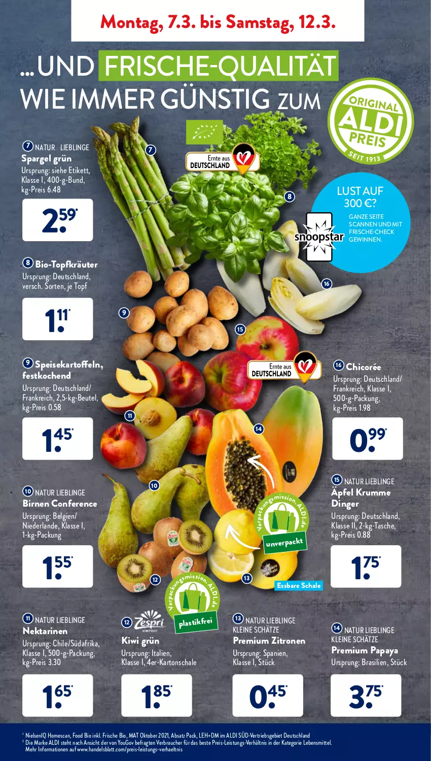 Aktueller Prospekt AldiSud - ALDI Aktuell - von 07.03 bis 12.03.2022 - strona 3 - produkty: aldi, asti, beutel, bio, Birnen, eis, kartoffel, kartoffeln, kiwi, kräuter, lebensmittel, leine, LG, natur, Nektar, nektarinen, Papaya, Rauch, reis, rum, Schal, Schale, spargel, spargel grün, speisekartoffeln, Tasche, Ti, topf, Topfkräuter, Yo, zitrone, zitronen