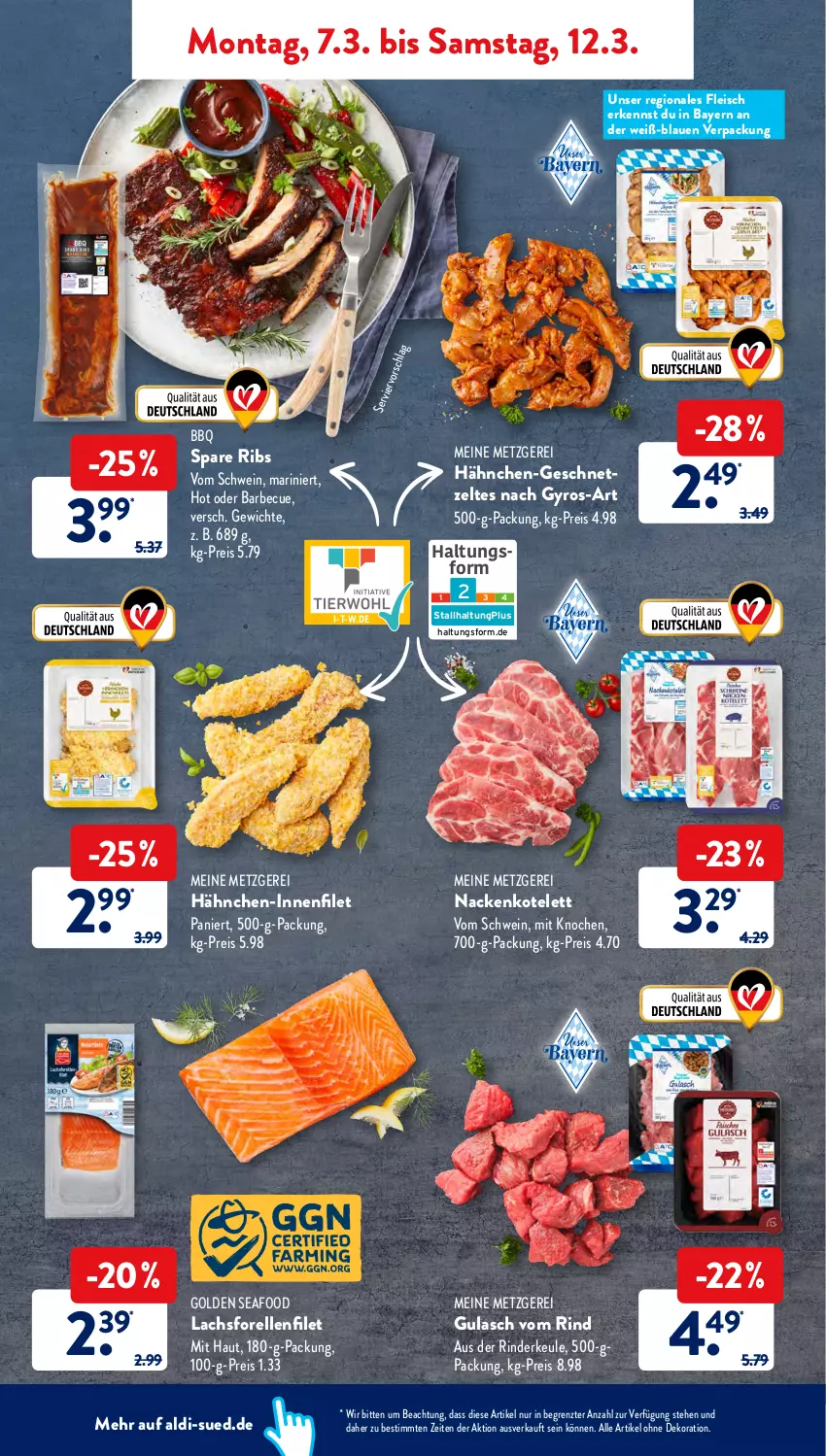 Aktueller Prospekt AldiSud - ALDI Aktuell - von 07.03 bis 12.03.2022 - strona 4 - produkty: aldi, alle artikel ohne dekoration, barbecue, dekoration, eis, elle, filet, fleisch, forelle, geschnetzeltes, gulasch, gyros, kotelett, lachs, reis, rel, rind, rinder, Rinderkeule, schwein, spare ribs, Ti, wein, Zelt, ZTE