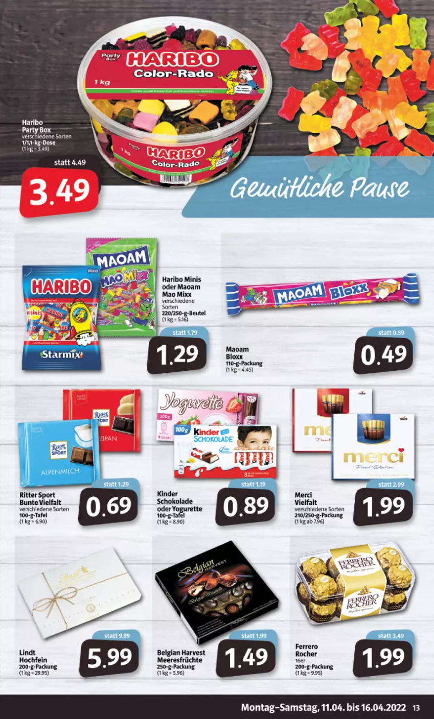 Aktueller Prospekt Markant - Prospekte - von 11.04 bis 16.04.2022 - strona 13 - produkty: ferrero, früchte, Kinder, LG, lindt, mac, maoam, meeresfrüchte, merci, ritter, ritter sport, schoko, schokolade, Sport