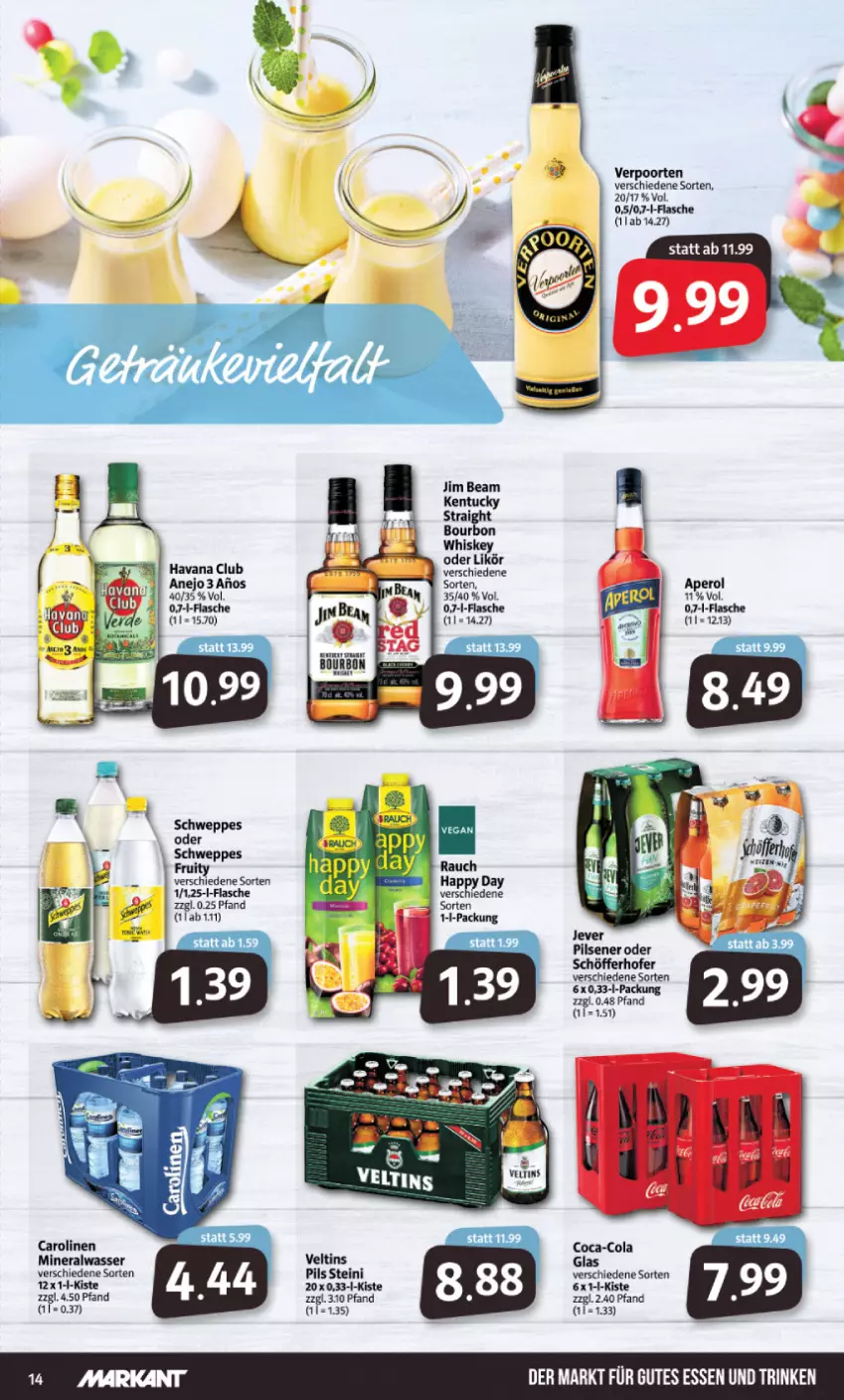 Aktueller Prospekt Markant - Prospekte - von 11.04 bis 16.04.2022 - strona 14 - produkty: Alwa, aperol, bourbon, coca-cola, cola, flasche, gutes essen, Happy Day, Havana Club, jever, jever pilsener, jim beam, kentucky straight, likör, mineralwasser, pils, pilsener, Rauch, schöfferhofer, schweppes, Ti, tuc, veltins, verpoorten, wasser