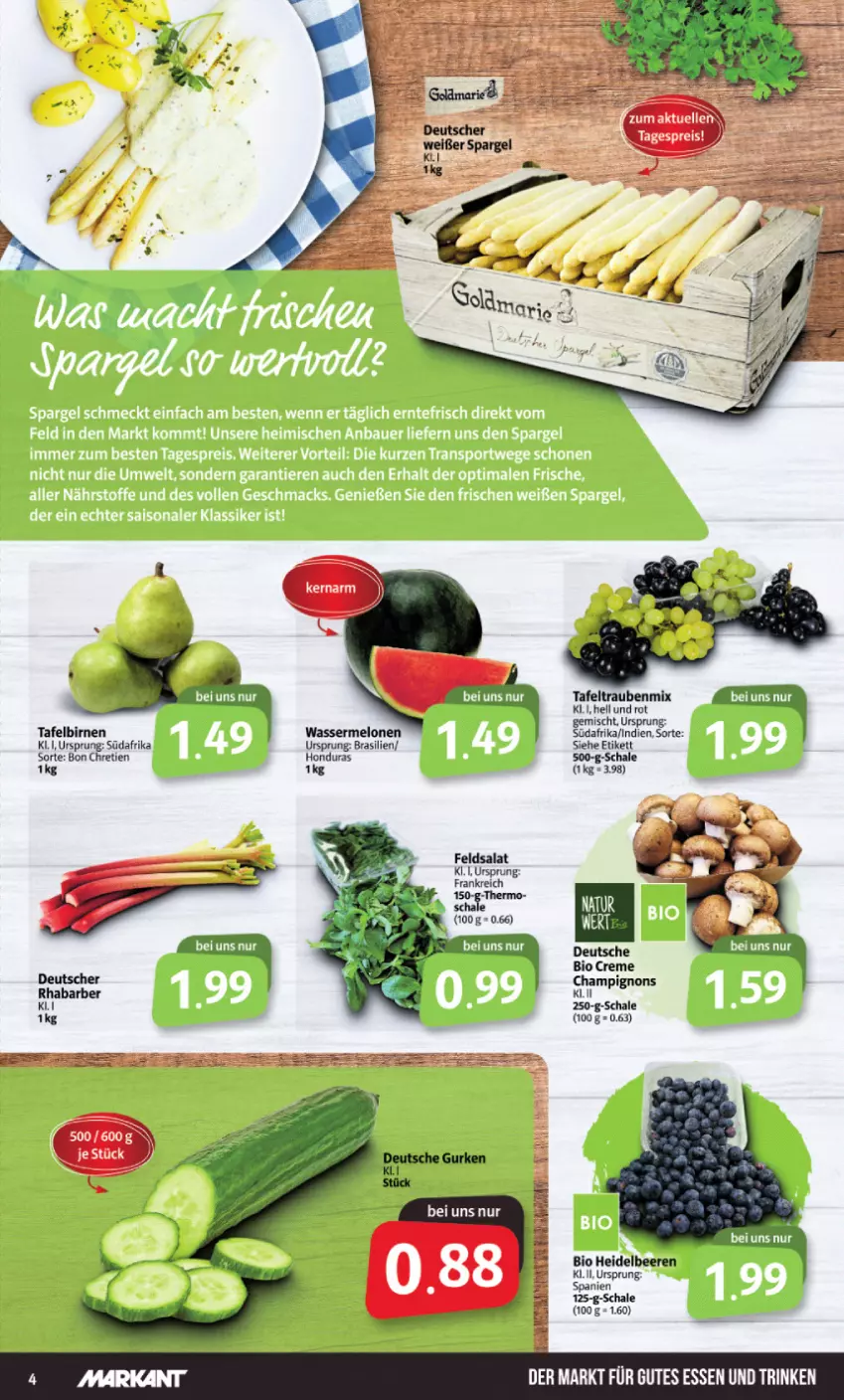 Aktueller Prospekt Markant - Prospekte - von 11.04 bis 16.04.2022 - strona 4 - produkty: beere, beeren, bio, Birnen, champignon, champignons, creme, feldsalat, gutes essen, heidelbeere, heidelbeeren, rhabarber, salat, Schal, Schale, tafelbirnen, tafeltrauben, Ti, trauben