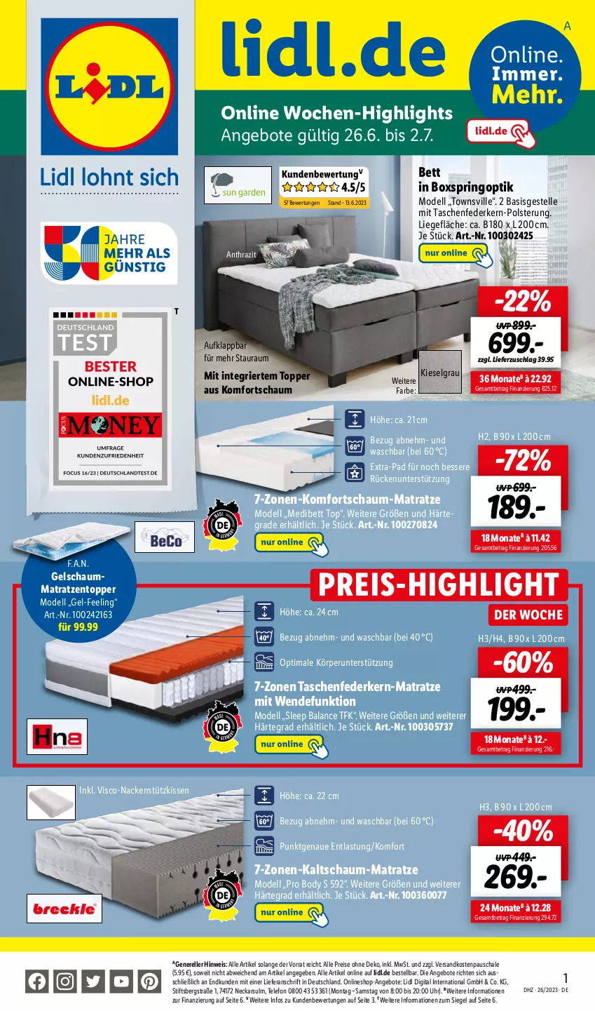 Aktueller Prospekt Lidl - Wochen-Highlights im Onlineshop - von 26.06 bis 02.07.2023 - strona 1 - produkty: angebot, angebote, bett, body, dell, eis, elle, federkern, kaltschaum-matratze, kissen, komfortschaum-matratze, LG, Liege, matratze, matratzen, Matratzentopper, Mode, nackenstützkissen, ndk, reis, rel, ring, Schal, Schale, Schaummatratze, Tasche, taschen, taschenfederkern-matratze, telefon, Ti, topper, uhr