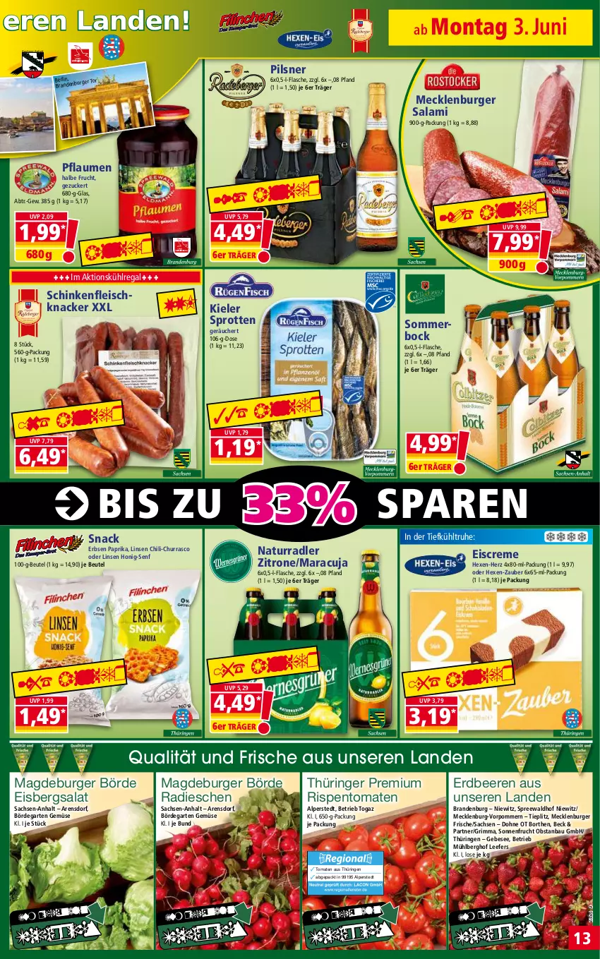 Aktueller Prospekt Norma - Norma - von 03.06 bis 10.06.2024 - strona 13 - produkty: Bau, beere, beeren, beutel, burger, chili, creme, eis, eisbergsalat, eiscreme, erbsen, erdbeere, erdbeeren, flasche, fleisch, frucht, Garten, honig, Honig-Senf, knacker, kühlregal, linsen, maracuja, mecklenburger salami, natur, obst, paprika, pflaume, pflaumen, pils, pilsner, radieschen, radler, regal, reis, ring, rispentomaten, sac, salami, salat, schinken, senf, snack, spreewaldhof, Sprotten, Ti, tiefpreis, tomate, tomaten, zitrone, zucker