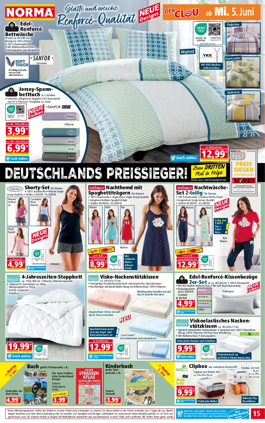 Aktueller Prospekt Norma - Norma - von 03.06 bis 10.06.2024 - strona 15 - produkty: apfel, aqua, asti, Bau, baumwolle, Bebe, bett, Betttuch, bettwäsche, buch, bügel, Cap, caprihose, cashmere, eis, elle, flieder, gin, hemd, hose, jersey-spannbetttuch, Kamill, kamille, Kinder, Kinderbuch, kissen, latte, LG, mikrofaser, mint, Nachthemd, nackenstützkissen, ndk, reis, reiss, shirt, shorty, spaghetti, spannbetttuch, Spezi, steppbett, T-Shirt, Ti, tisch, tuc, WICK, wolle