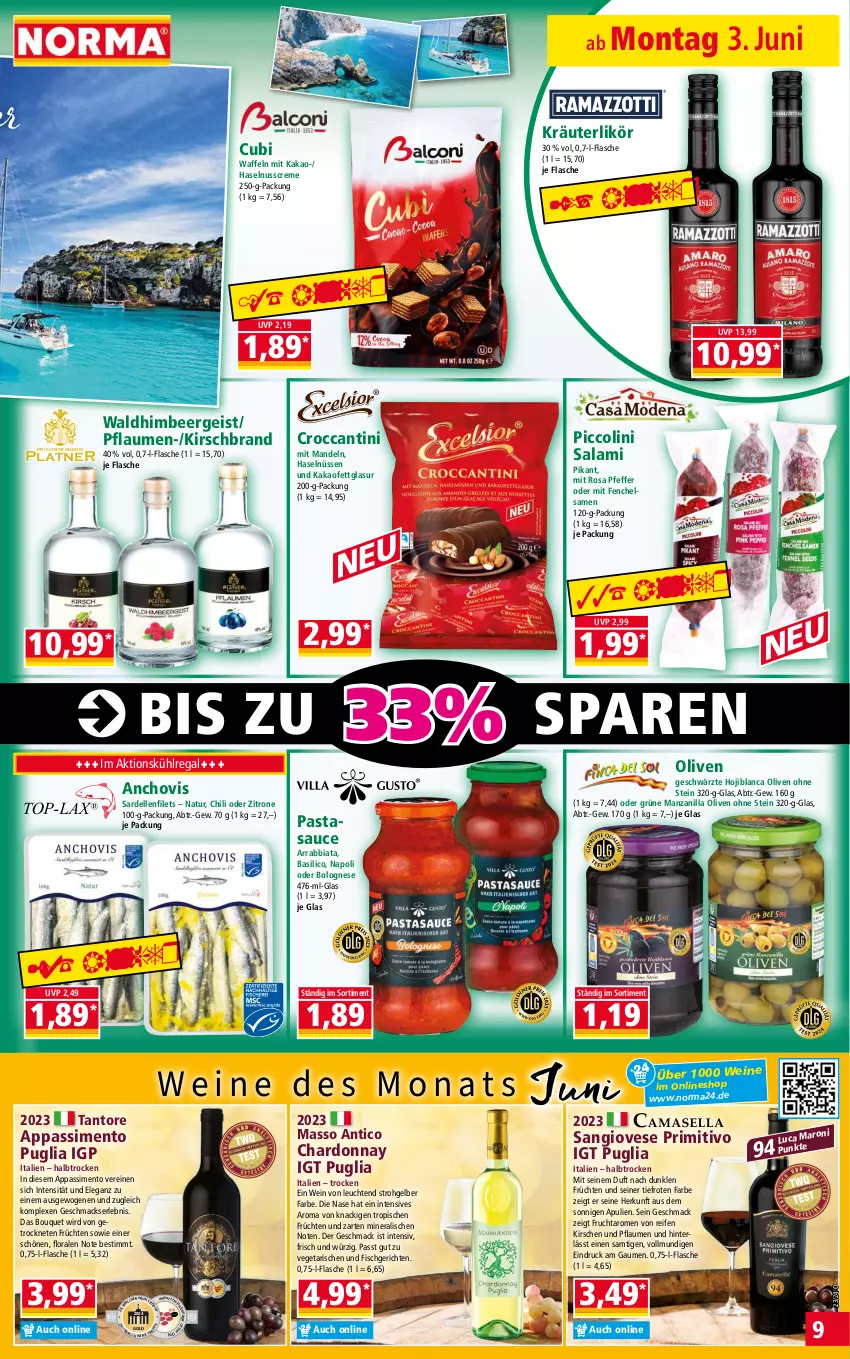 Aktueller Prospekt Norma - Norma - von 03.06 bis 10.06.2024 - strona 9 - produkty: arrabbiata, basilico, bolognese, chardonnay, chili, chovi, creme, dell, eis, elle, fenchel, filet, filets, fisch, flasche, frucht, früchte, früchten, haselnuss, Haselnusscreme, himbeer, kakao, kirsch, kirsche, kirschen, kräuter, kräuterlikör, kühlregal, Leuchte, leuchten, likör, mac, mandel, mandeln, natur, nuss, olive, oliven, pasta, pfeffer, pflaume, pflaumen, primitivo, regal, reifen, salami, Sardellen, sauce, sim, Ti, Vegeta, waffeln, wein, weine, zitrone, ZTE