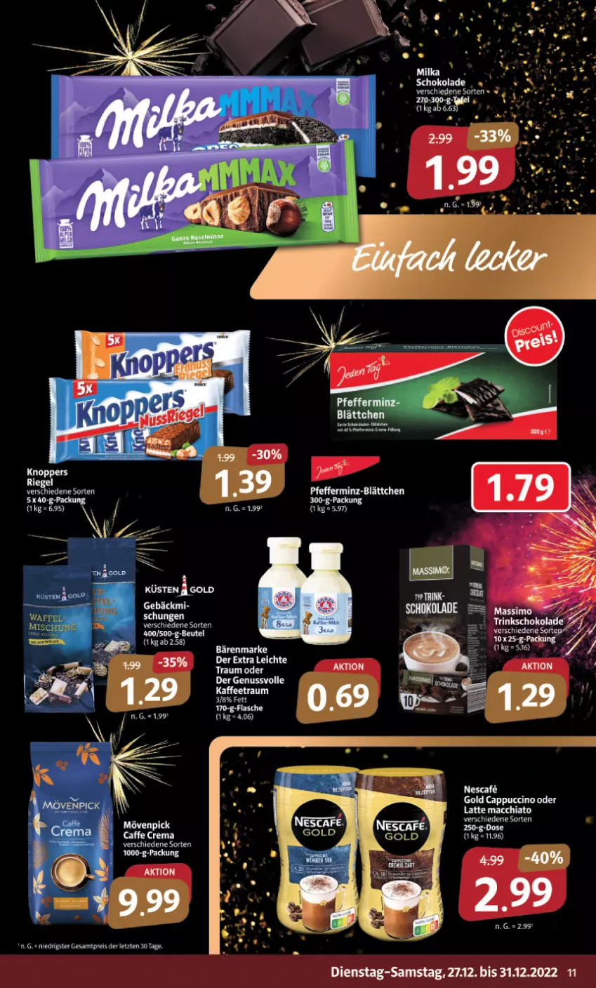 Aktueller Prospekt Markant - Prospekte - von 27.12 bis 31.12.2022 - strona 11 - produkty: ACC, bärenmarke, Cap, cappuccino, chia, cin, knoppers, küsten a gold, latte, latte macchiato, mac, macchiato, nescafe, nuss, pfeffer, riegel, Ti