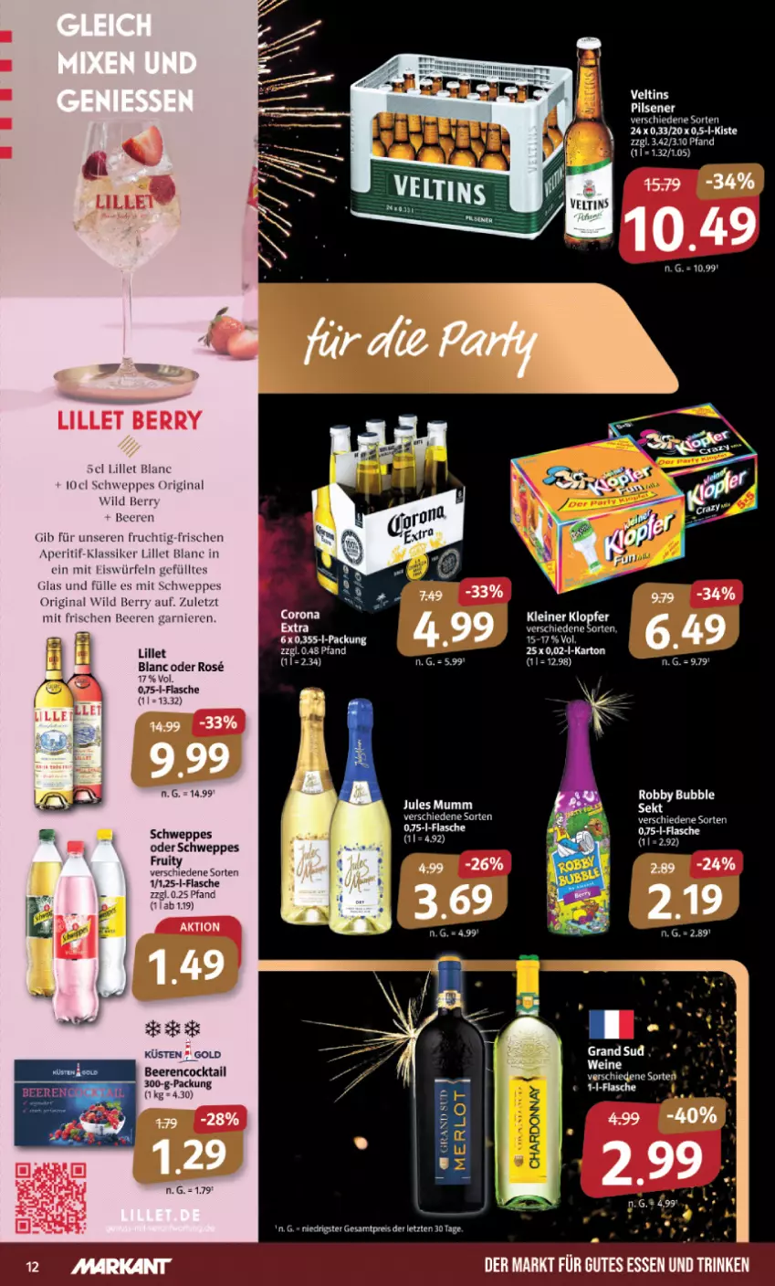 Aktueller Prospekt Markant - Prospekte - von 27.12 bis 31.12.2022 - strona 12 - produkty: aperitif, beere, beeren, cocktail, corona, eis, eiswürfel, flasche, frucht, gin, grand sud, jules mumm, kleiner klopfer, leine, lillet, mumm, pils, pilsener, schweppes, sekt, tee, Ti, wein, weine, Wild, wild berry, würfel