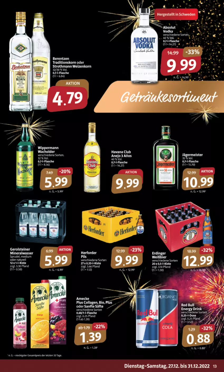 Aktueller Prospekt Markant - Prospekte - von 27.12 bis 31.12.2022 - strona 13 - produkty: Alwa, bier, bio, Collagen, elle, erdinger, flasche, Havana Club, korn, mineralwasser, Popp, Sprudel, Ti, wasser, weizenkorn