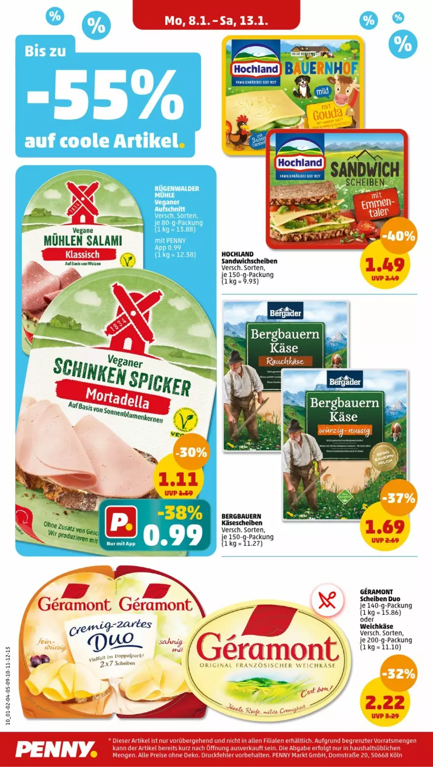 Aktueller Prospekt Penny - Prospekte - von 08.01 bis 13.01.2024 - strona 10 - produkty: ACC, auer, Bau, Bauer, eis, gin, hochland, Käse, käsescheiben, LG, reis, rügenwalder, rügenwalder mühle, sandwich, Ti, weichkäse, ZTE