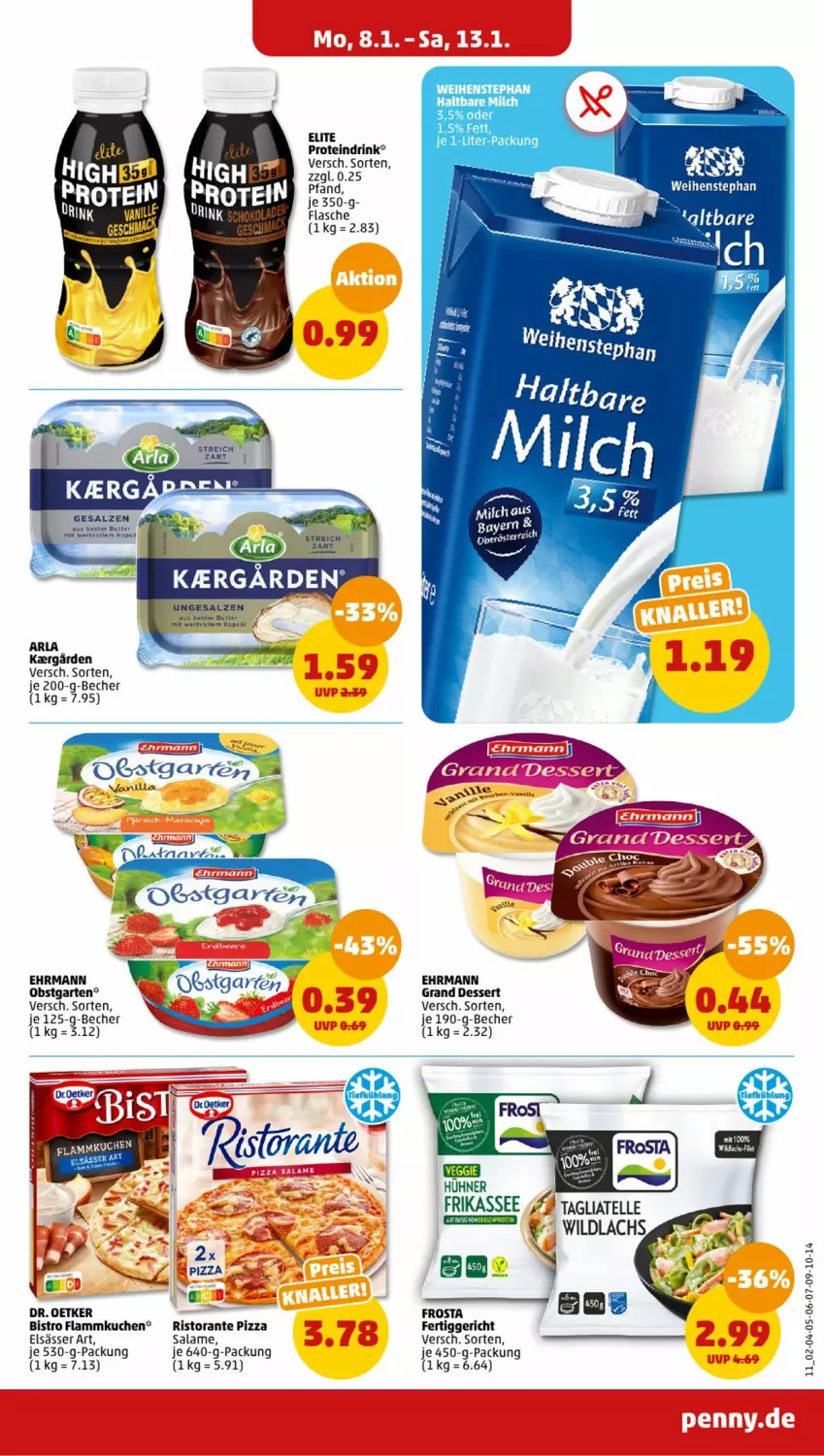 Aktueller Prospekt Penny - Prospekte - von 08.01 bis 13.01.2024 - strona 11 - produkty: arla, Becher, butter, dessert, Dr. Oetker, drink, ehrmann, Ehrmann Grand Dessert, elsässer art, fertiggericht, flammkuchen, flasche, frosta, Garten, haltbare milch, kuchen, lamm, milch, obst, obstgarten, pizza, pizza salame, Proteindrink, rapsöl, ristorante, ristorante pizza, salz, Ti, weihenstephan