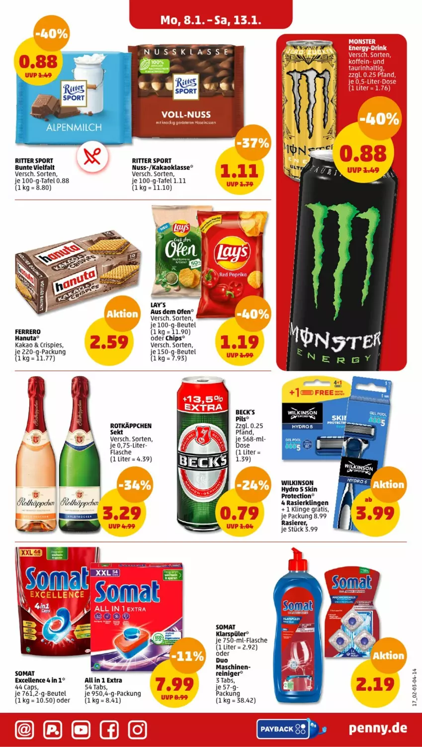 Aktueller Prospekt Penny - Prospekte - von 08.01 bis 13.01.2024 - strona 17 - produkty: alpenmilch, beck's, beutel, Cap, chips, eis, elle, ferrero, flasche, hanuta, kakao, klarspüler, lay's, milch, nuss, Ofen, payback, pils, rasierer, Rasierklinge, rasierklingen, reiniger, reis, ritter, ritter sport, rotkäppchen, sekt, somat, Sport, Ti, wilkinson