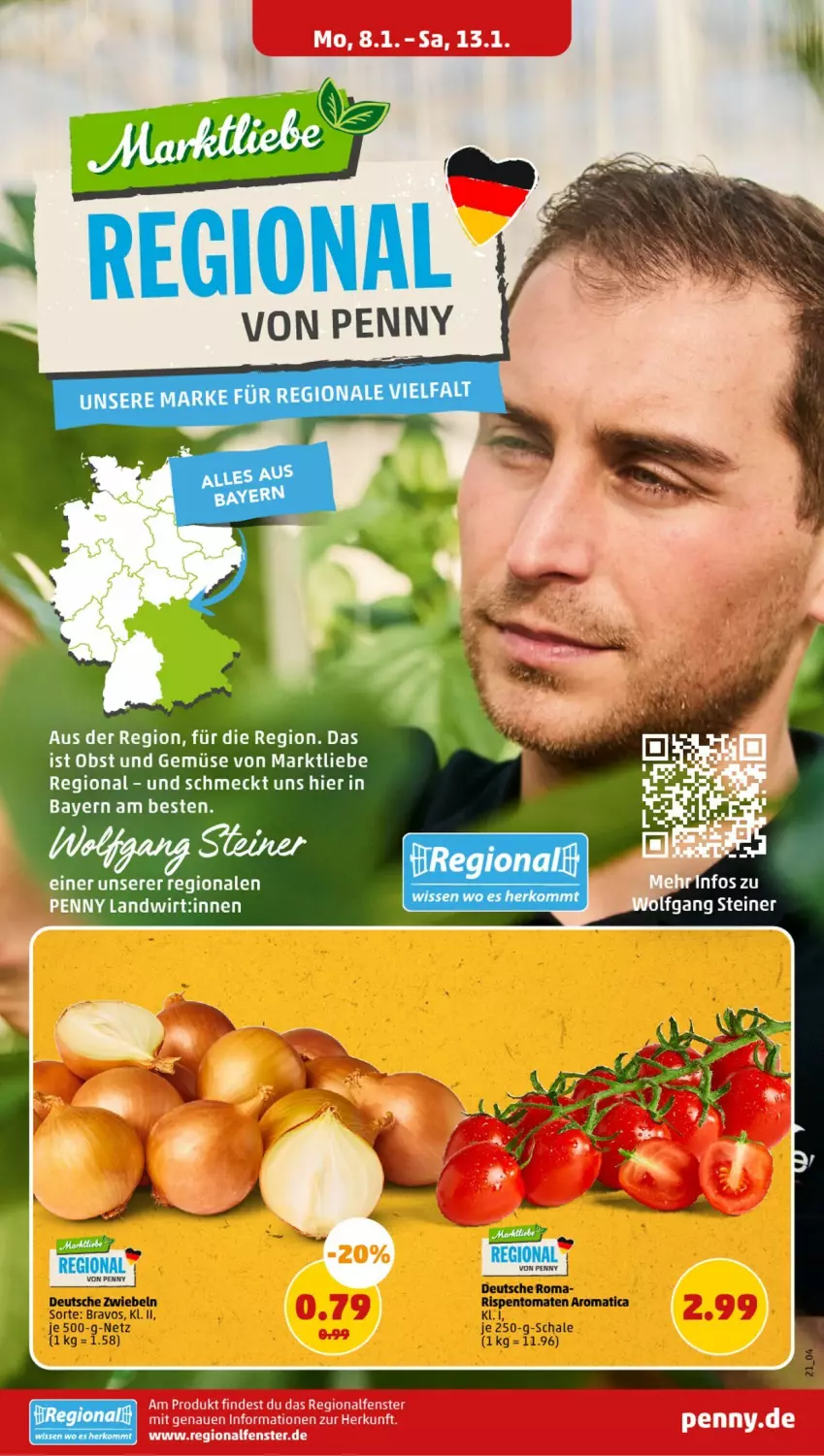 Aktueller Prospekt Penny - Prospekte - von 08.01 bis 13.01.2024 - strona 21 - produkty: Bravo, obst, Obst und Gemüse, rispentomaten, Schal, Schale, steiner, Ti, tomate, tomaten, und gemüse, zwiebel, zwiebeln