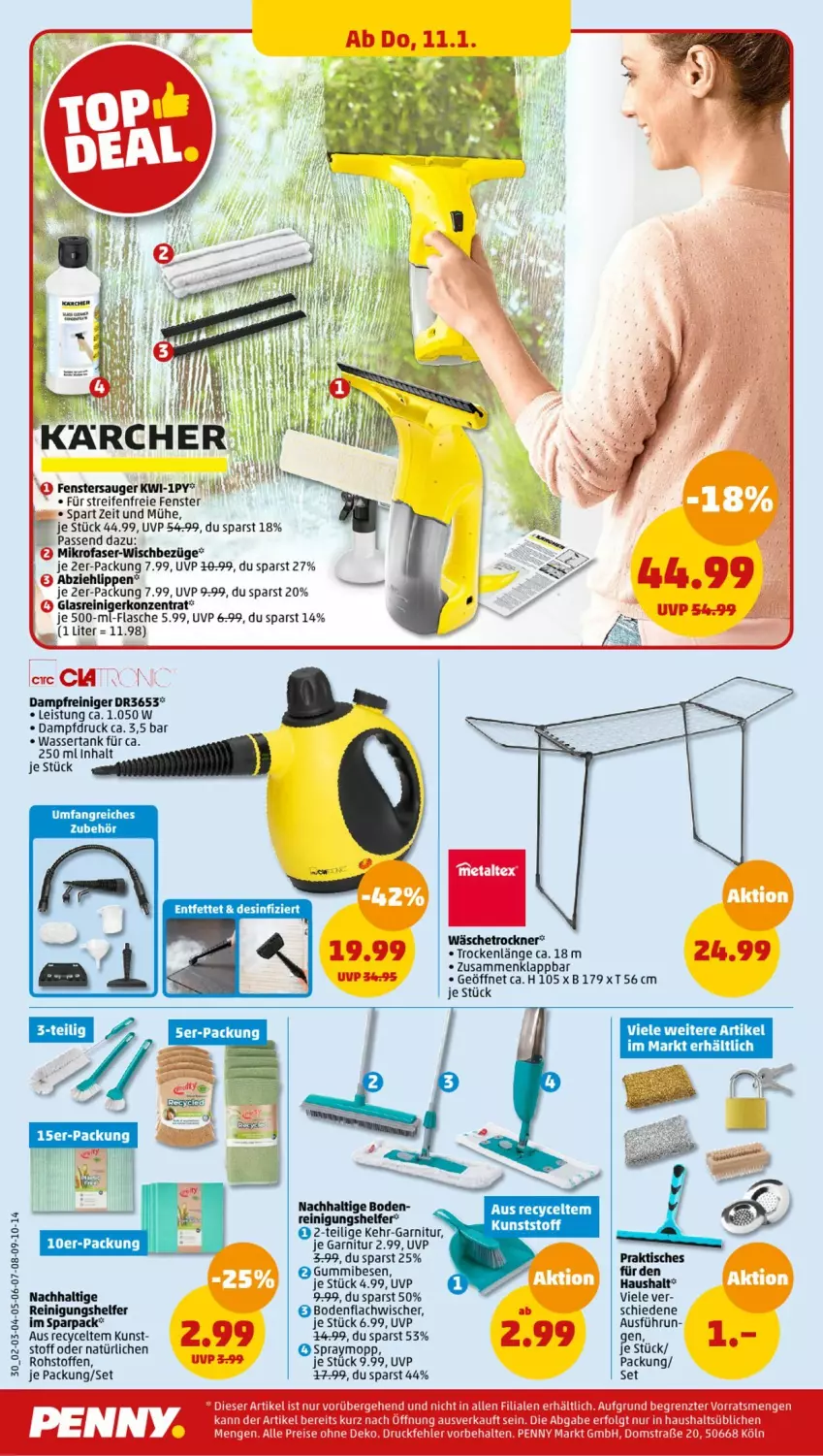 Aktueller Prospekt Penny - Prospekte - von 08.01 bis 13.01.2024 - strona 30 - produkty: dampfreiniger, eis, fenster, fenstersauger, flasche, garnitur, Glasreiniger, Gummibesen, je 500-ml-flasche, LG, mikrofaser, reifen, reiniger, Reinigung, reis, Ti, tisch, Trockner, wäschetrockner, wasser, wassertank, ZTE