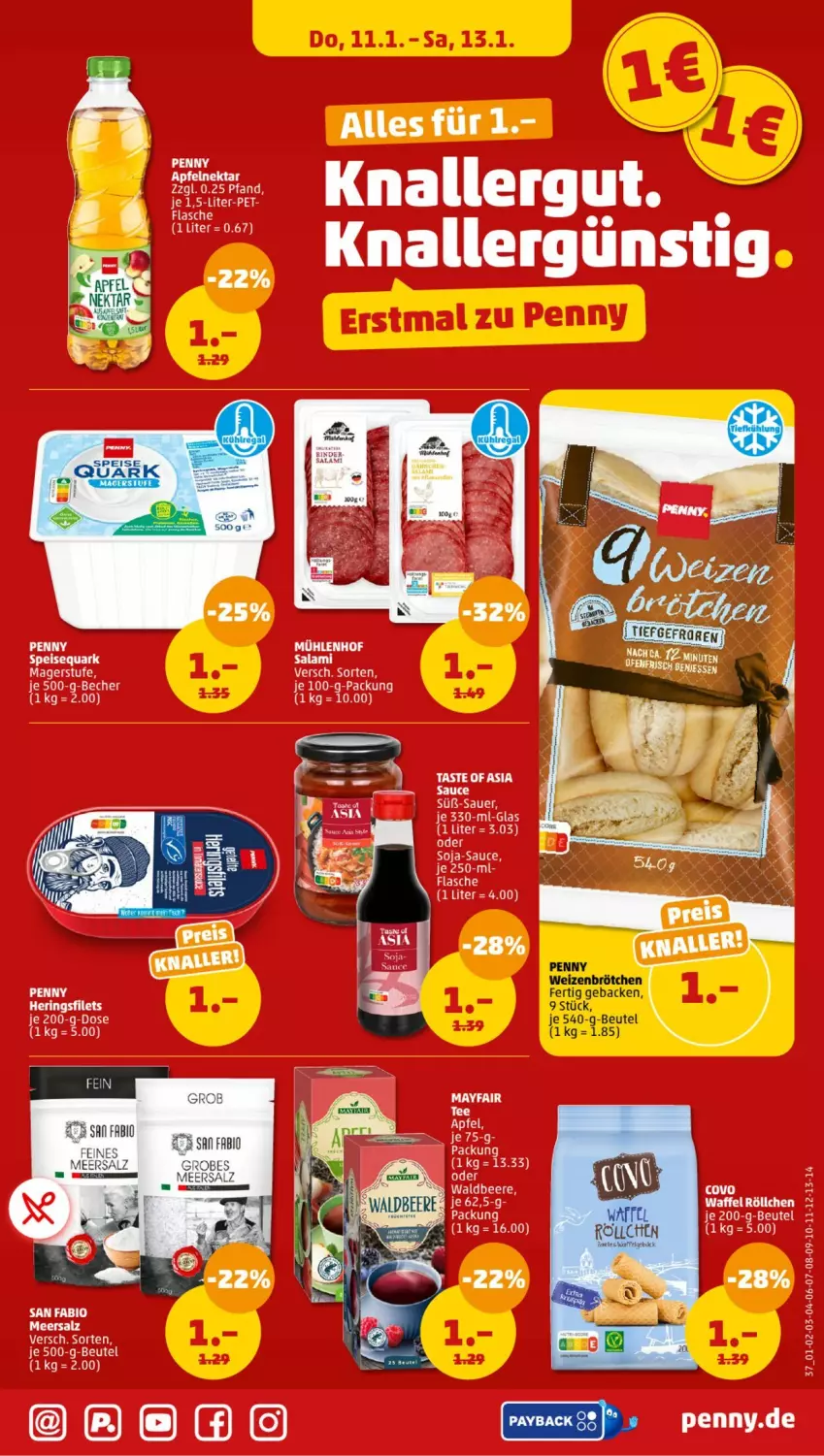 Aktueller Prospekt Penny - Prospekte - von 08.01 bis 13.01.2024 - strona 37 - produkty: apfel, auer, Becher, beere, beutel, bio, brötchen, eis, elle, filet, filets, flasche, geback, hering, Herings, heringsfilets, meersalz, Nektar, quark, ring, salami, salz, sauce, soja, speisequark, Ti, weizenbrötchen