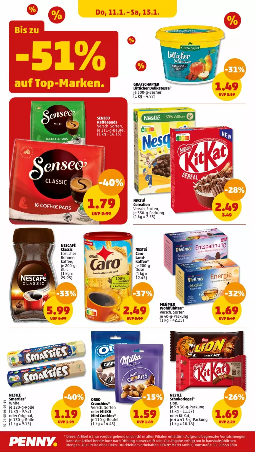 Aktueller Prospekt Penny - Prospekte - von 08.01 bis 13.01.2024 - strona 40 - produkty: Becher, beutel, bohne, bohnen, cerealien, cookie, cookies, gin, grafschafter, kaffee, kitkat, korn, lion, milka, ndk, oreo, riegel, schoko, schokoriegel, tee, Ti