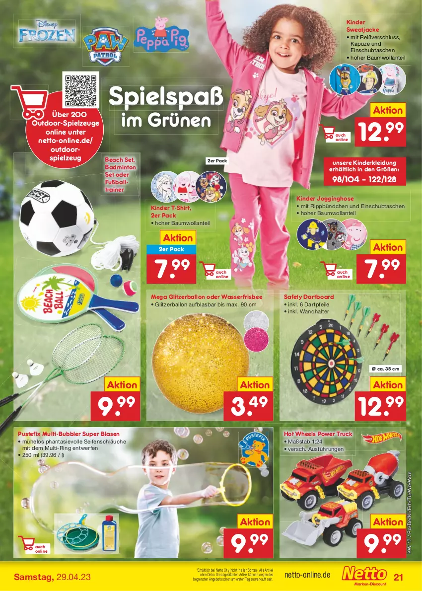 Aktueller Prospekt Netto Marken-Discount - Filial-Angebote - von 24.04 bis 29.04.2023 - strona 21 - produkty: angebot, Bad, ball, Bau, Fußball, gin, hose, Hot Wheels, Jacke, Jogginghose, Kinder, Kinder Jogginghose, kleid, Kleidung, mint, ring, schläuche, Seife, shirt, spielzeug, sweatjacke, T-Shirt, Tasche, taschen, Ti, wasser, ZTE