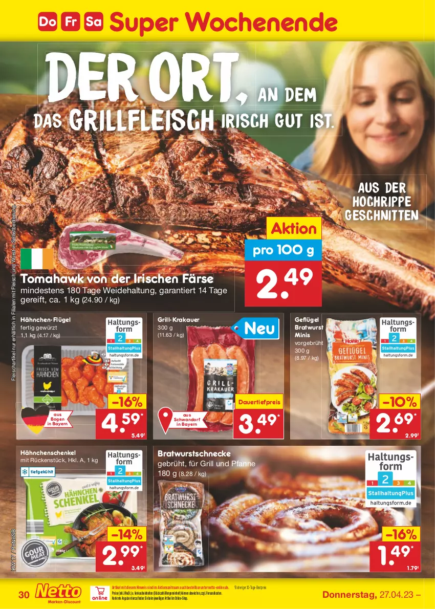 Aktueller Prospekt Netto Marken-Discount - Filial-Angebote - von 24.04 bis 29.04.2023 - strona 30 - produkty: auer, bestpreis, bratwurst, dauertiefpreis, eis, fleisch, für grill und pfanne, Geflügel, gewürz, grill, grill und pfanne, hähnchenschenkel, henkel, krakauer, ndk, pfanne, reis, schenkel, schnitten, Ti, tiefpreis, und pfanne, wurst, wurst in selbstbedienung