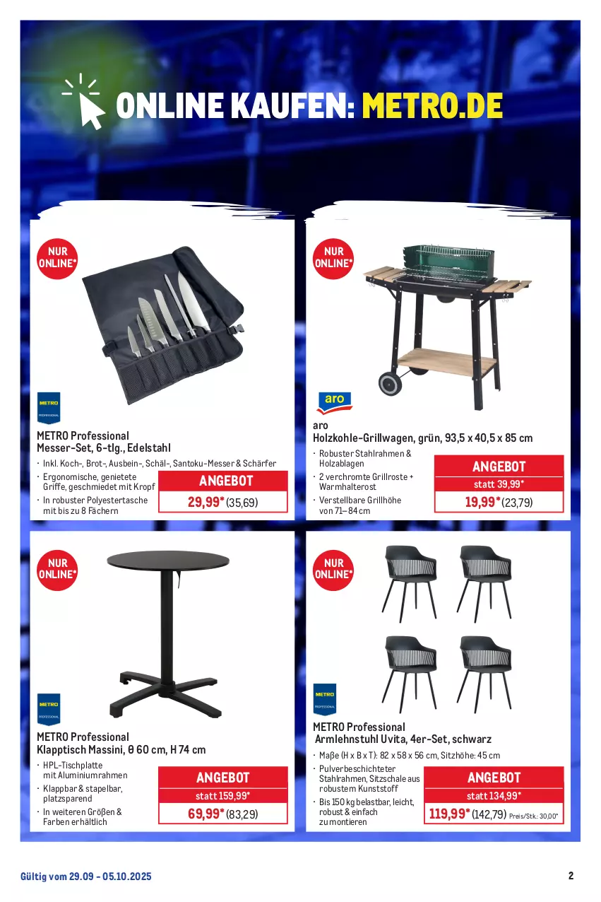 Aktueller Prospekt Metro - Online: Wochen-Angebote - von 29.09 bis 05.10.2025 - strona 3 - produkty: angebot, armlehnstuhl, brot, edelstahl, eis, grill, grillrost, Holz, holzkohle, HP, klapptisch, latte, LG, messer, Metro, reis, Schal, Schale, Sitzhöhe, stuhl, Tasche, Ti, Tiere, tisch, tischplatte, usb, vita