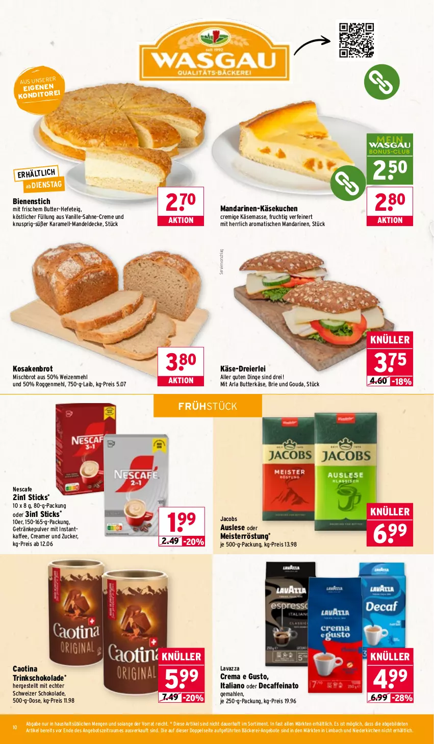 Aktueller Prospekt Wasgau - von 02.02 bis 07.02.2026 - strona 10 - produkty: angebot, angebote, arla, auer, brie, brot, butter, butterkäse, caffe, creme, decke, eier, eis, frucht, getränk, getränke, getränkepulver, gouda, Hefe, instantkaffee, jacobs, je 250-g-packung, kaffee, karamell, Käse, käsekuchen, kuchen, lavazza, mandarine, mandarinen, mandel, mehl, Meister, meisterröstung, nescafe, reis, sahne, schoko, schokolade, Ti, tisch, vanille, weizenmehl, zucker