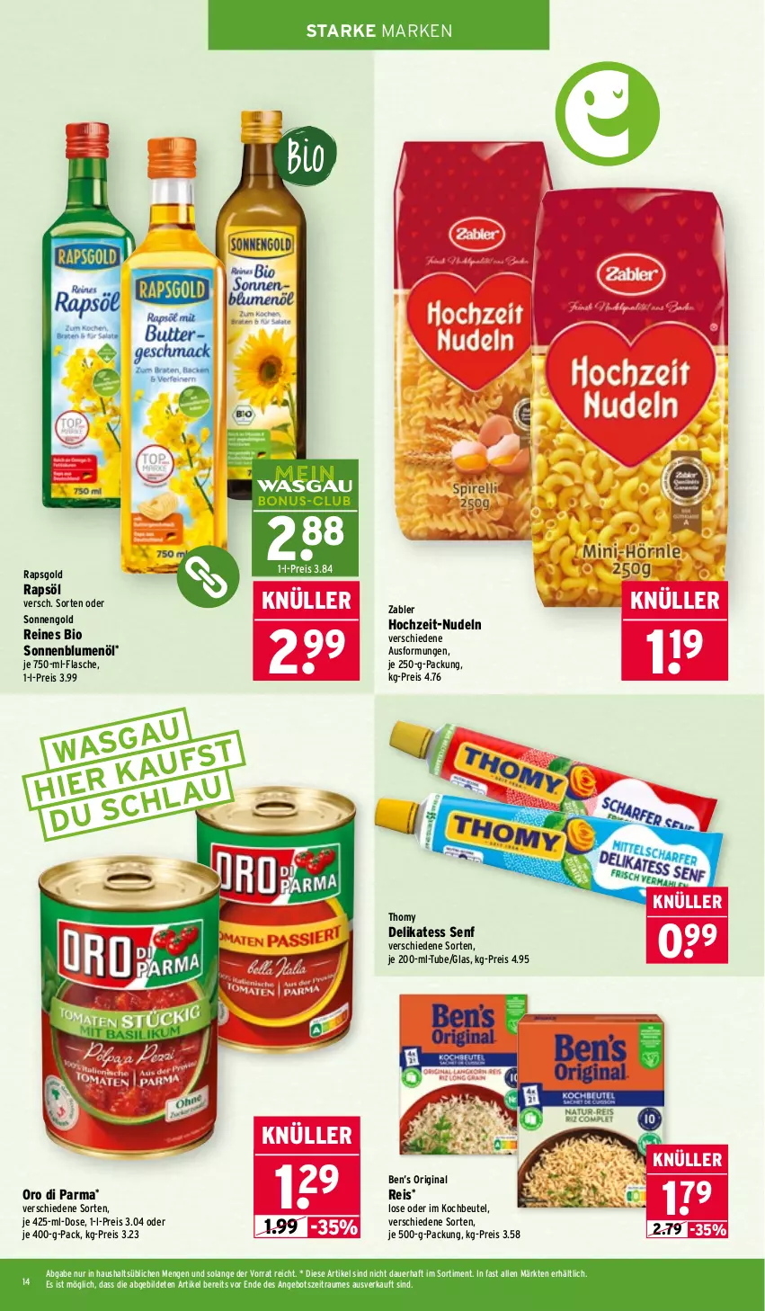Aktueller Prospekt Wasgau - von 02.02 bis 07.02.2026 - strona 14 - produkty: angebot, auer, Ben’s Original, beutel, bio, blume, blumen, blumenöl, delikatess senf, eis, flasche, gin, je 250-g-packung, kochbeutel, nudel, nudeln, oro di parma, rapsöl, reis, senf, sonnenblume, sonnenblumen, sonnenblumenöl, thomy, Ti, Zabler