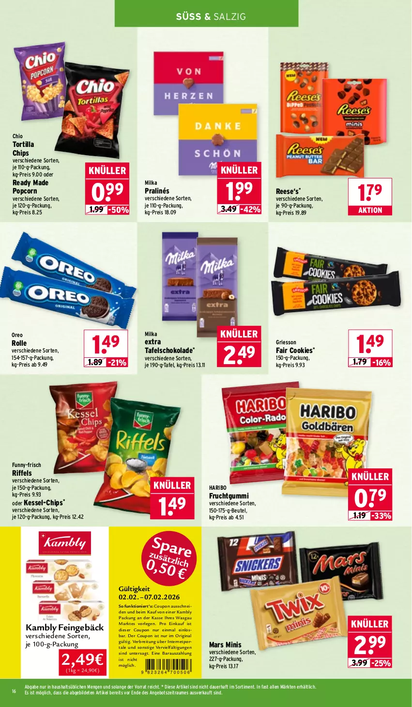 Aktueller Prospekt Wasgau - von 02.02 bis 07.02.2026 - strona 16 - produkty: angebot, auer, beutel, Brei, chips, cookie, cookies, coupon, eis, frucht, fruchtgummi, funny-frisch, gin, griesson, haribo, mars, milka, oreo, popcorn, reis, salz, schoko, schokolade, tafelschokolade, Ti, tortilla, Tortilla Chips