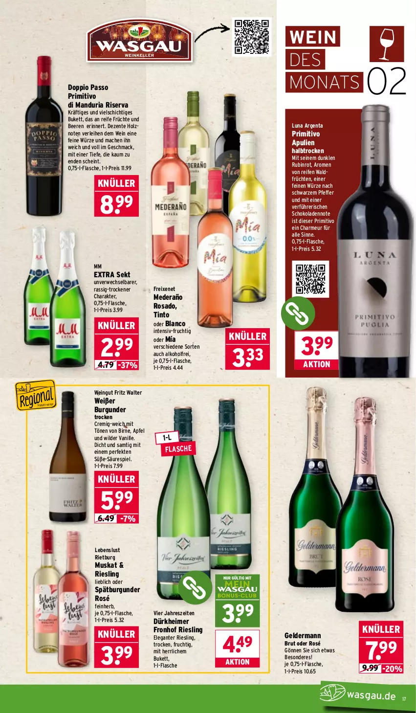 Aktueller Prospekt Wasgau - von 02.02 bis 07.02.2026 - strona 17 - produkty: alkohol, apfel, beere, beeren, brut, burgunder, doppio passo, eimer, eis, ente, flasche, freixenet, fritz, frucht, früchte, früchten, geldermann, Holz, mac, mm extra, passo, pfeffer, primitivo, reifen, reis, Ria, riesling, riserva, Rubin, rwe, schoko, schokolade, schokoladen, sekt, spätburgunder, Ti, vanille, wein, Wild