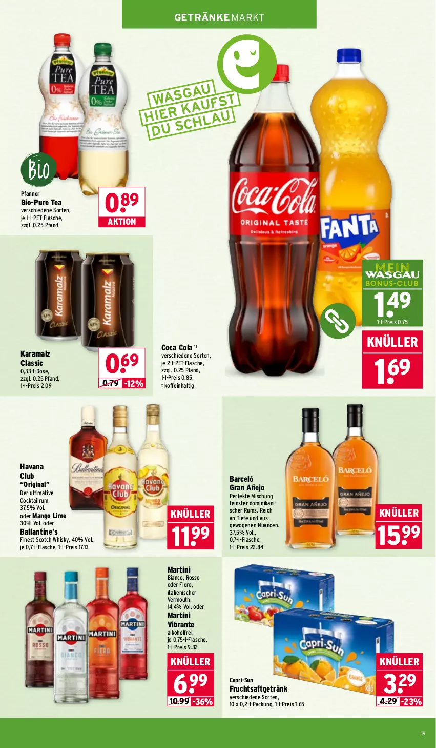 Aktueller Prospekt Wasgau - von 02.02 bis 07.02.2026 - strona 19 - produkty: alkohol, ball, bio, Cap, capri-sun, cocktail, cola, eis, flasche, frucht, fruchtsaft, fruchtsaftgetränk, getränk, getränke, gin, Havana Club, karamalz, malz, mango, martini, Nuance, pet-flasche, pfanne, Pfanner, rama, reis, rum, saft, scotch, scotch whisky, Ti, Vermouth, whisky
