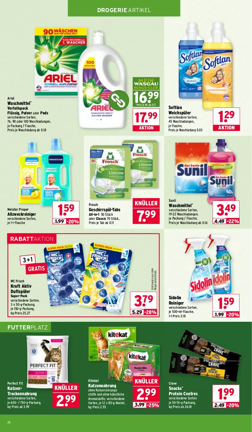 Aktueller Prospekt Wasgau - von 02.02 bis 07.02.2026 - strona 20 - produkty: allzweckreiniger, ariel, ariel waschmittel, beutel, eis, flasche, Frosch, geschirr, je 500-ml-flasche, katzennahrung, kitekat, kraft, Meister, meister proper, Perfect Fit, Pods, regal, reiniger, reis, sidolin, snack, snacks, Softlan, sunil, Ti, Trockennahrung, waschmittel, wc frisch, WC Frisch Kraft Aktiv, weck, weichspüler