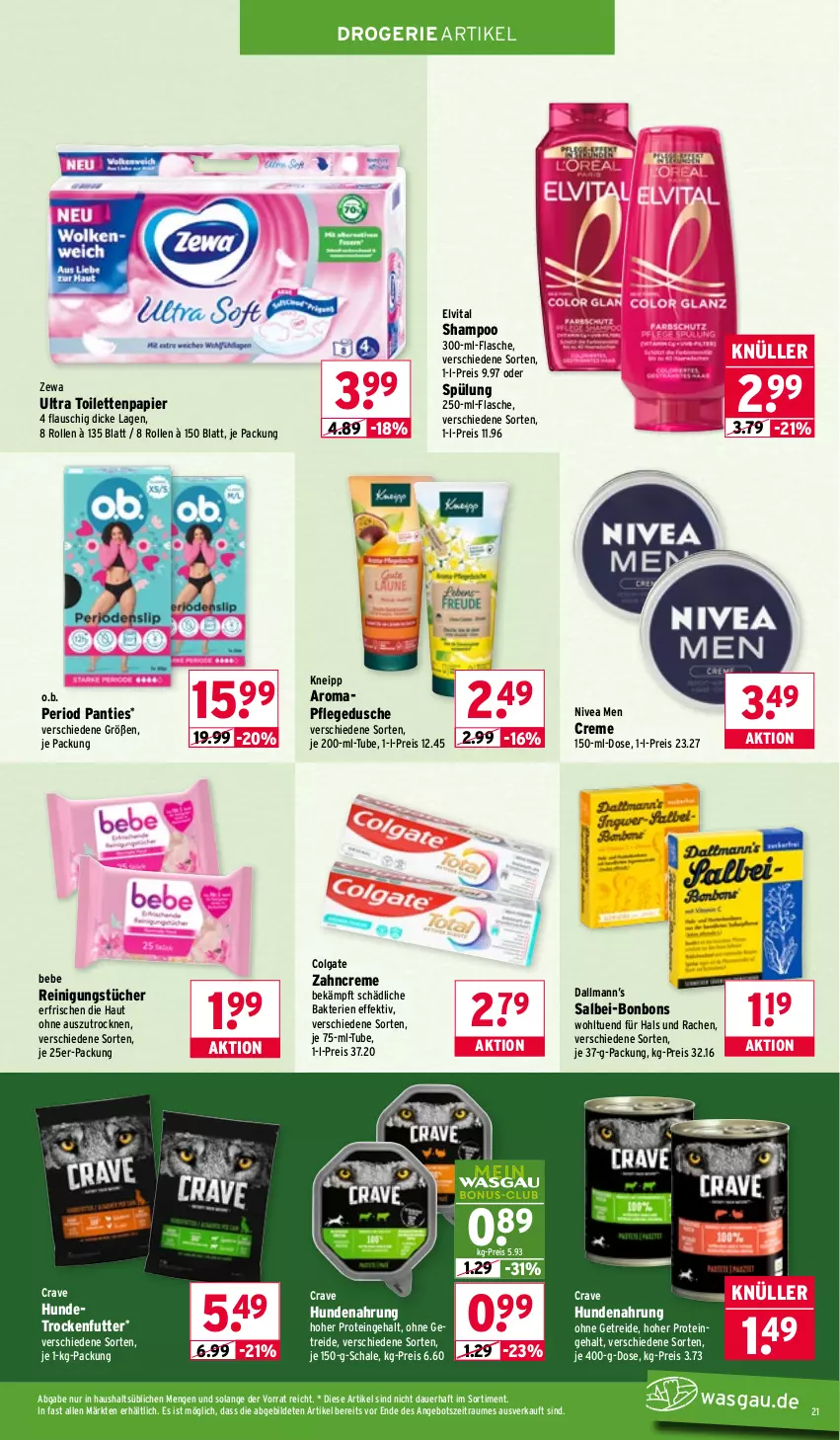 Aktueller Prospekt Wasgau - von 02.02 bis 07.02.2026 - strona 21 - produkty: angebot, auer, Bebe, bonbons, colgate, creme, dusche, eis, elvital, flasche, hundenahrung, kneipp, LG, nivea, Nivea Men, O.b., papier, pflegedusche, Reinigung, reinigungstücher, reis, Schal, Schale, shampoo, spülung, Ti, toilettenpapier, trockenfutter, tücher, vita, zahncreme, zewa