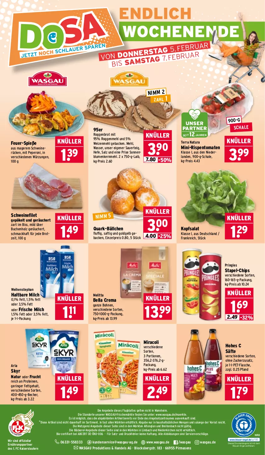 Aktueller Prospekt Wasgau - von 02.02 bis 07.02.2026 - strona 28 - produkty: angebot, angebote, arla, arla skyr, auer, Becher, bella crema, bio, blume, blumen, bohne, bohnen, Brei, brot, buch, chips, drucker, eis, elle, Engel, filet, flasche, frische milch, frucht, geback, haltbare milch, Hefe, Hohes C, Holz, Kaiser, kerze, kopfsalat, latte, mac, mehl, melitta, milch, mini-rispentomaten, miracoli, natur, natura, Nimm 2, peperoni, Peroni, pet-flasche, pringles, quark, reis, ring, rispentomaten, saft, säfte, salat, salz, Schal, Schale, schwein, schweine, schweinefilet, schweinerücken, Skyr, sonnenblume, sonnenblumen, Ti, tomate, tomaten, wasser, weihenstephan, wein, weine, weizenmehl, zucker