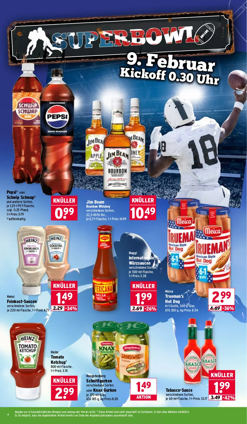 Aktueller Prospekt Wasgau - von 02.02 bis 07.02.2026 - strona 4 - produkty: angebot, auer, bourbon, bourbon whiskey, eis, feinkost, flasche, gurke, gurken, heinz, hengstenberg, hot dog, je 500-ml-flasche, jim beam, ketchup, maggi, meica, pepsi, pet-flasche, reis, sauce, saucen, Schwip Schwap, tabasco, Ti, tomato ketchup, uhr, whiskey, würzsauce, würzsaucen