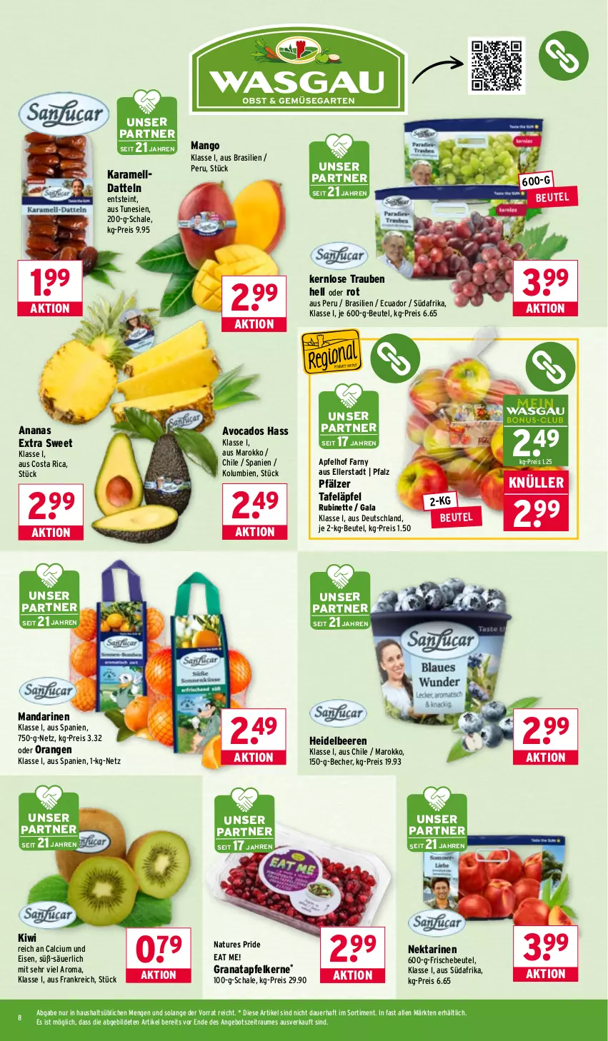 Aktueller Prospekt Wasgau - von 02.02 bis 07.02.2026 - strona 8 - produkty: ananas, angebot, apfel, auer, avocado, avocados, Becher, beere, beeren, beutel, Calcium, Datteln, eis, elle, grana, granatapfel, granatapfelkerne, heidelbeere, heidelbeeren, karamell, kiwi, mandarine, mandarinen, mango, natur, Nektar, nektarinen, orange, orangen, Rana, reis, Rubin, Schal, Schale, tafeläpfel, Ti, trauben
