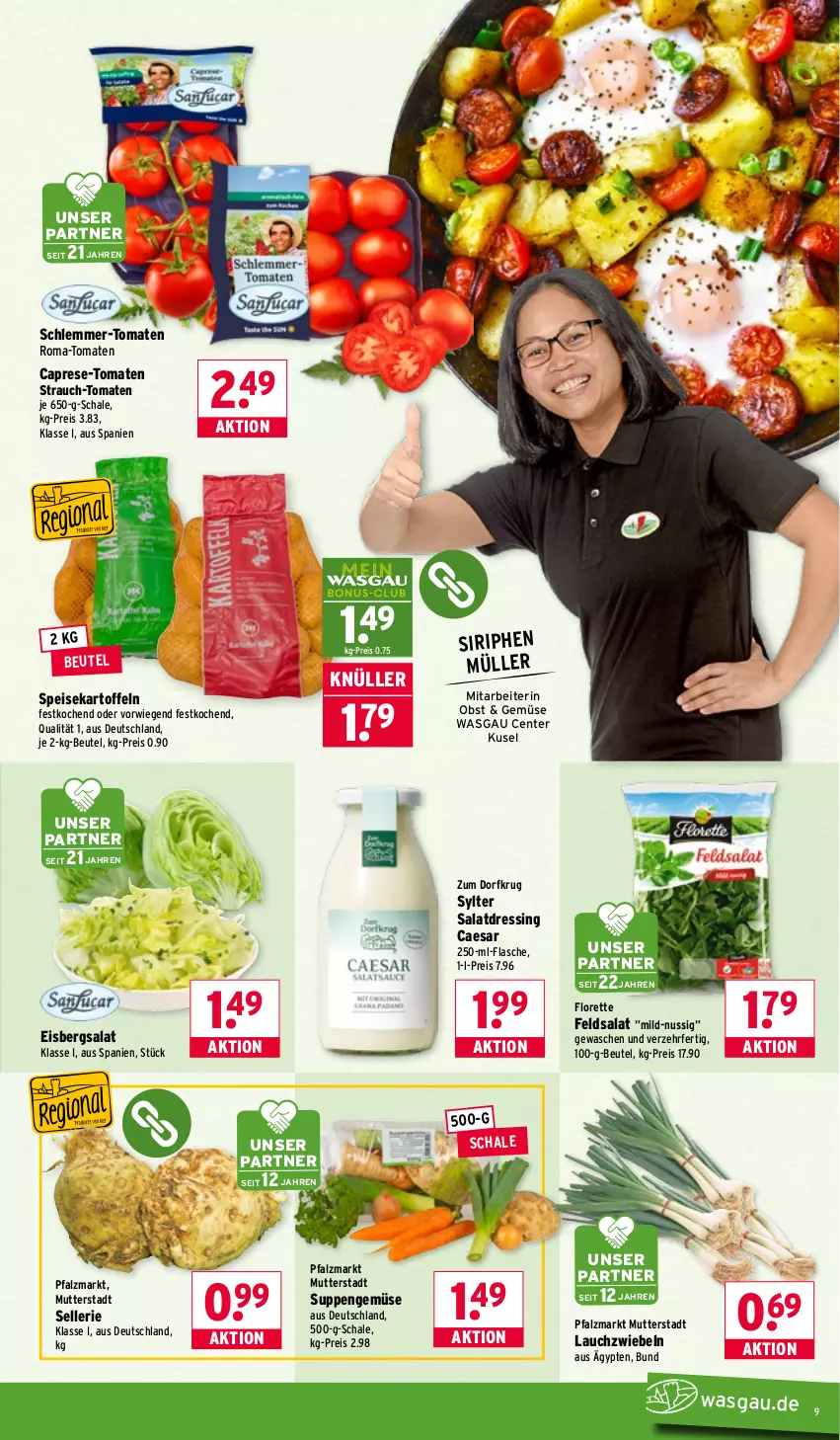 Aktueller Prospekt Wasgau - von 02.02 bis 07.02.2026 - strona 9 - produkty: beutel, Cap, dressing, eis, eisbergsalat, elle, ente, feldsalat, flasche, florette, kartoffel, kartoffeln, Lauchzwiebel, lauchzwiebeln, Müller, nuss, obst, Rauch, reis, salat, salatdressing, Schal, Schale, speisekartoffeln, suppe, suppen, Sylter, Ti, tomate, tomaten, Zum Dorfkrug, zwiebel, zwiebeln