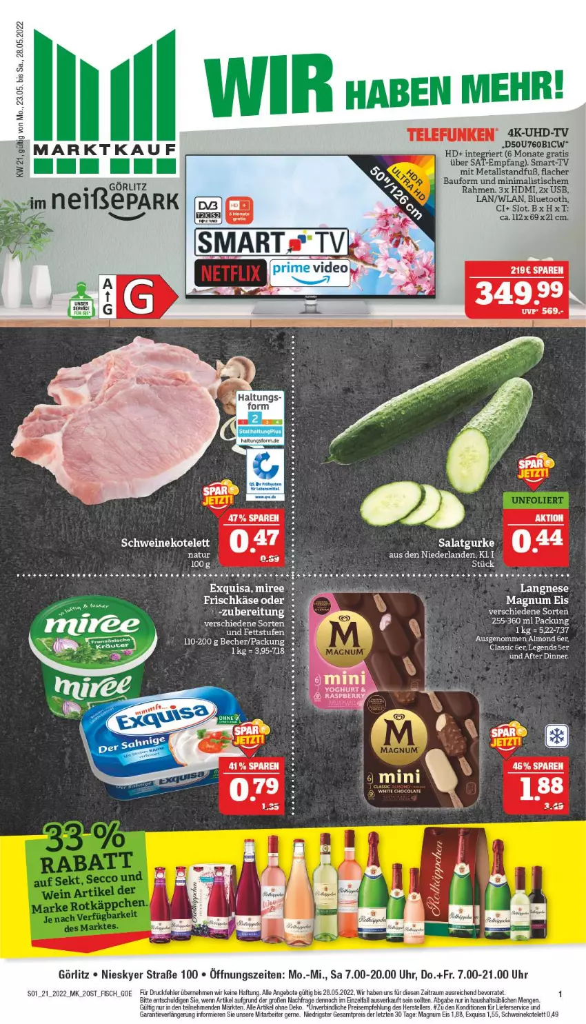 Aktueller Prospekt Marktkauf - Prospekt - von 22.05 bis 28.05.2022 - strona 1 - produkty: angebot, angebote, Bau, bett, eier, eis, elle, exquisa, fisch, frischkäse, gurke, HDMI, Käse, kotelett, langnese, lieferservice, magnum, miree, natur, reis, rel, salat, Salatgurke, schwein, schweine, schweinekotelett, tee, telefunken, teller, Ti, tisch, uhd, UHD-TV, uhr, usb, wein, weine, ZTE