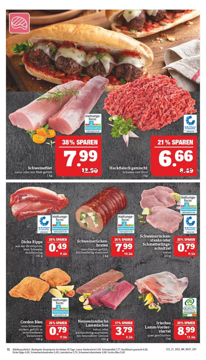 Aktueller Prospekt Marktkauf - Prospekt - von 22.05 bis 28.05.2022 - strona 12 - produkty: braten, cordon bleu, eis, filet, fleisch, hackfleisch, hackfleisch gemischt, küche, Küchen, lachs, lamm, lammlachse, Mett, natur, nuss, reis, Ria, Rückenbraten, Rückensteak, rückensteaks, Schmetterling, schnitten, schnitzel, schwein, schweine, schweinefilet, schweinerücken, steak, steaks, Ti, wein, weine, ZTE